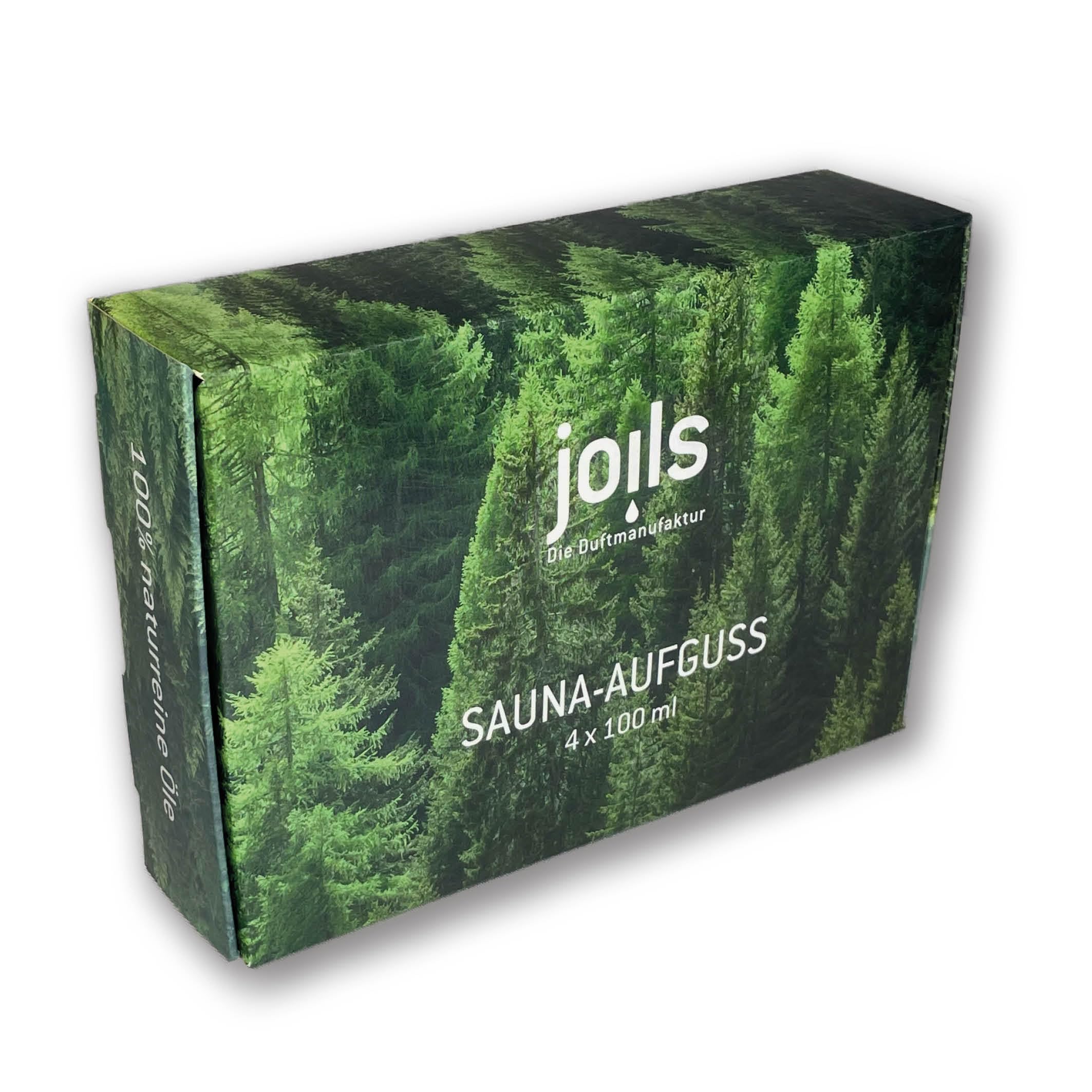JOILS® Saunaaufguss Set "4-Jahreszeiten", 4x100ml, 100% naturreines Öl für Ihre Sauna, BIO-Saunaöl im Geschenkset, vom Familienbetrieb aus dem Schwarzwald, handabgefüllt