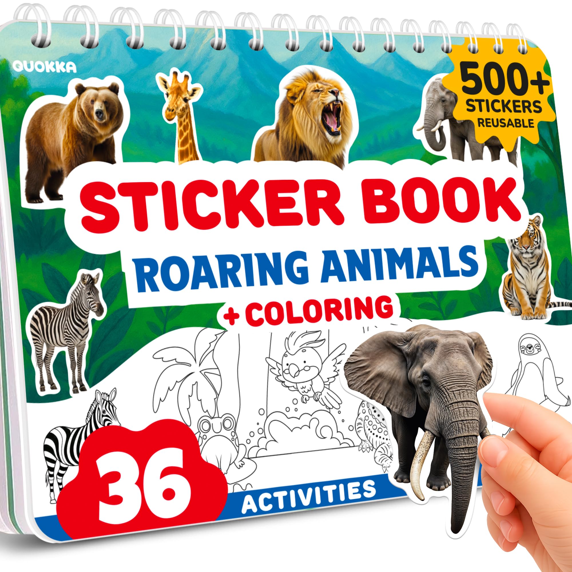 QUOKKA Sticker Book for Kids Ages 3-5 Wild Animals – Toddler Activity Book, Draw and Stick Creative Workbook with 500+ Stickers, Create Your Own Scenes for Travel Quiet Time Play