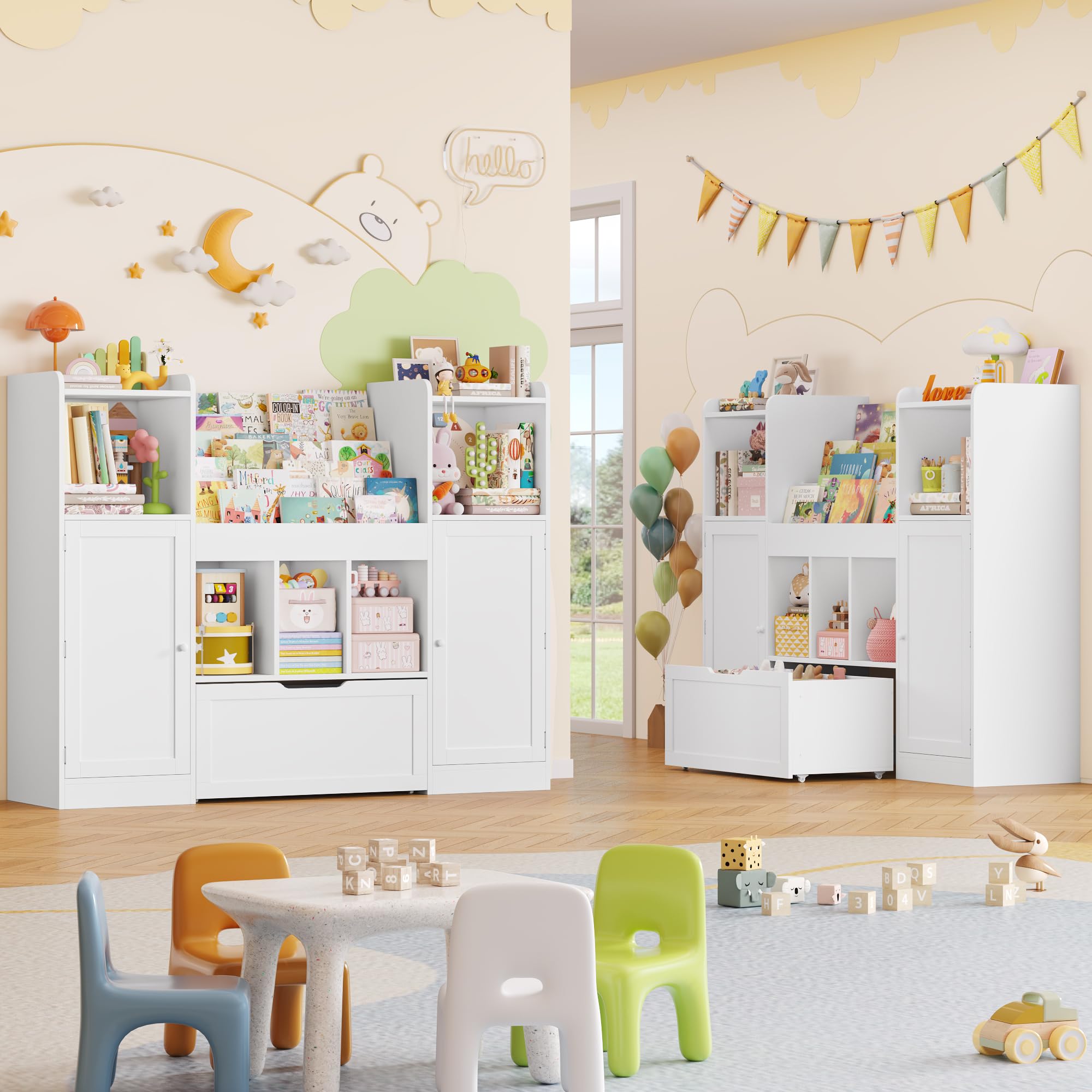 FOREHILL Libreria Montessoriana per Bambini, Organizer Giocattoli con Ripiani della Porta, Mobile Porta Giochi con Portariviste, 1 Cassetto con Ruote, 7 Scomparti Aperti, 140.3x30x108.3 cm (Bianco)