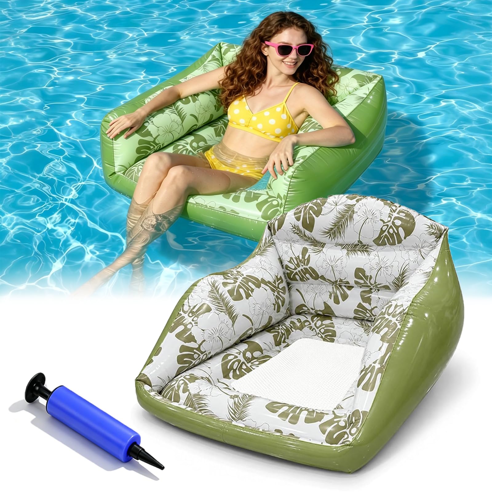 Silla Hinchable de Piscina 3 en 1 con portavasos, sofá Flotante Adulto, Asiento de Malla Fresco para Playa Lago Fiesta Verano