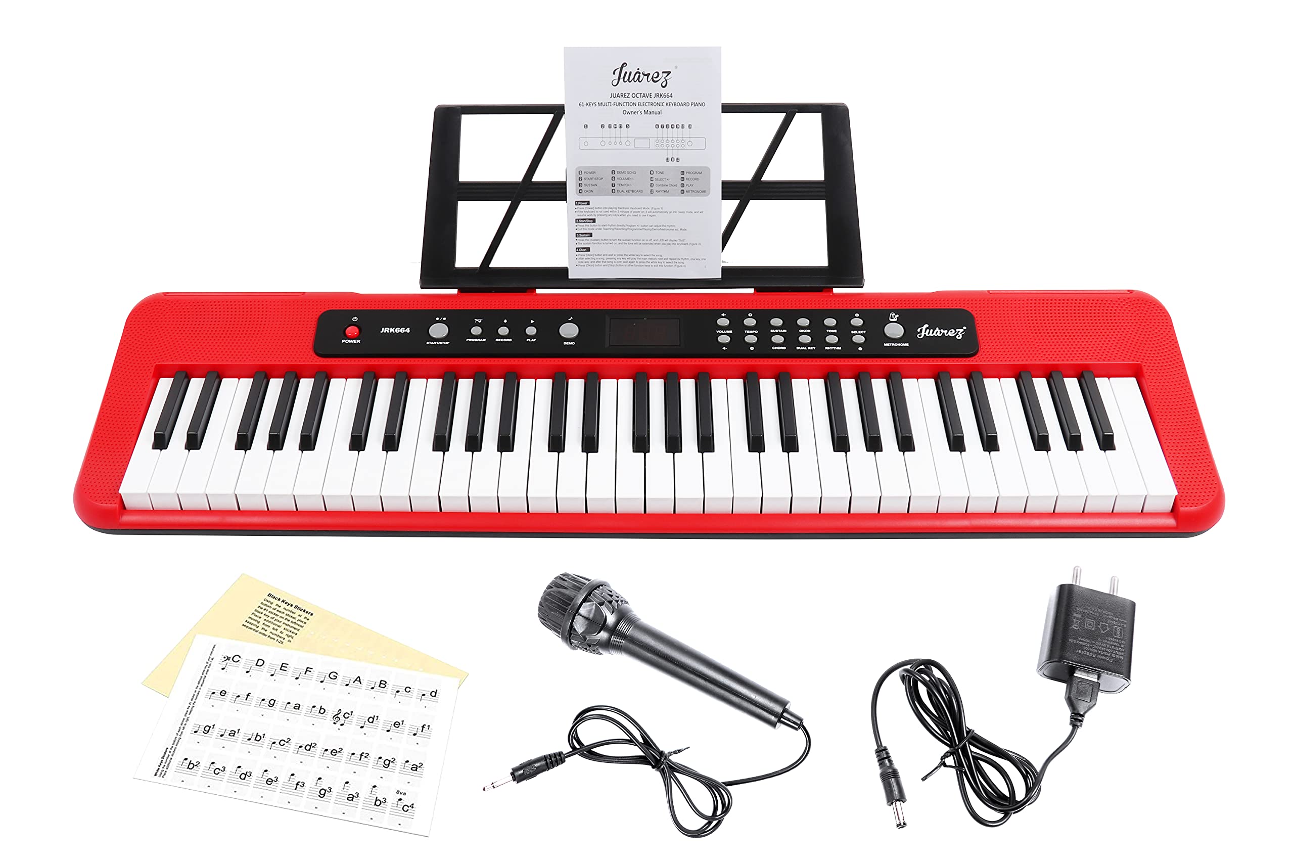 Juarez JRK664RD 61-Key Electronic Keyboard – 200 Rhythms, 200 Tones, 70 Demo Songs, Mic, Adapter, Keynote Stickers, Stand, Record & Play – Beginner Kit with Display-image-27