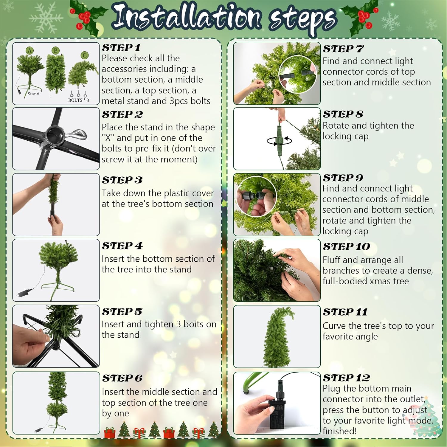 5FT Whimsical Christmas Tree Prelit, Artificial Bent Lime Green Christmas Tree with Lights and Ball Ornaments Metal Base for Xmas Holiday Party Supplies Decor Indoor