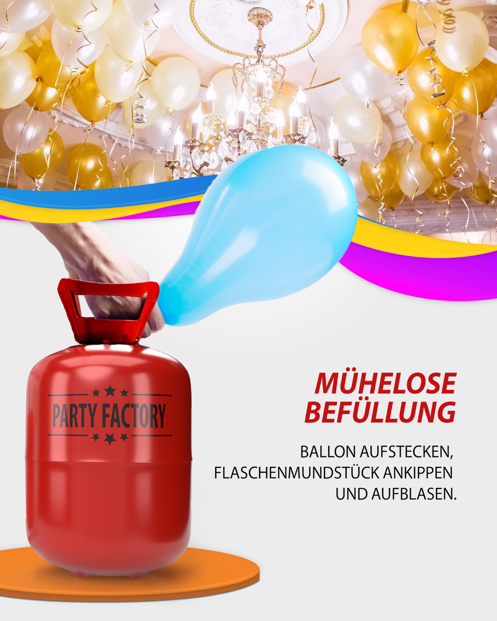 Party Factory Helium Gasflasche 400L für 50 Luftballons Ballongas Flasche Latex Folienballons Einwegflaschen Knick-Füllventil