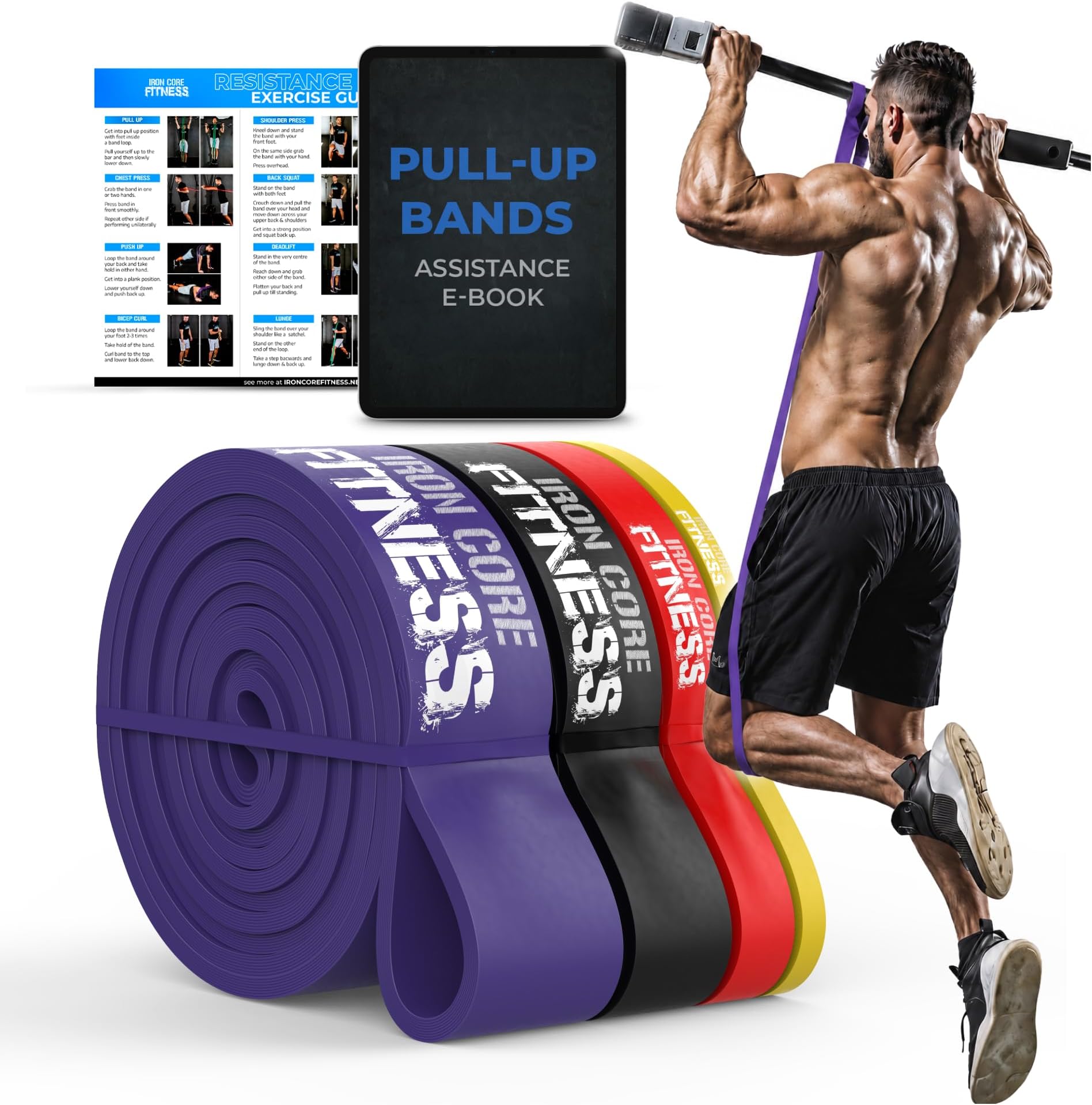 Pull Up Assistance Resistance Bands - Long Loop Power Bands for Men and Women - Strength Power Flexibility Training at Home & Gym - Ebooks & Workout Chart Included by Iron Core Fitness
