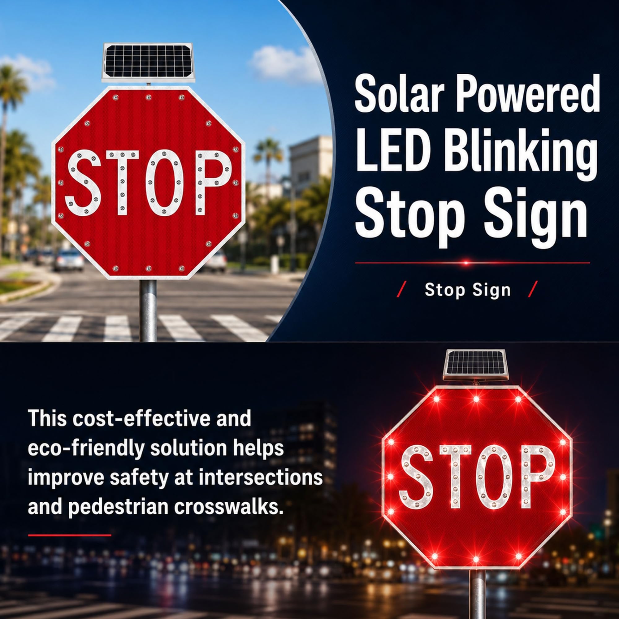 Señal Octogonal Intermitente con LED Solar, 76x76 cm Aluminio Resistente a la Oxidación, IP65 Impermeable para Pasos de Peatones y Entradas de Vehículos