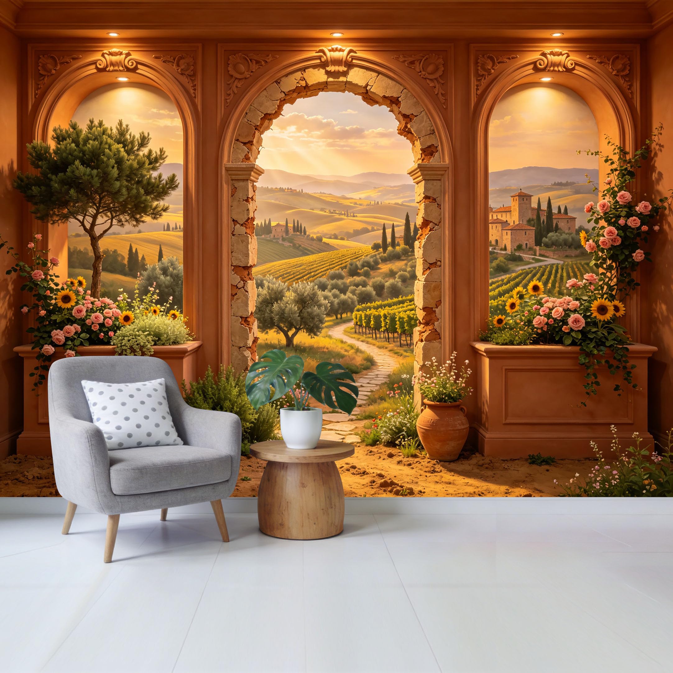 Removable Self Adhesive Fabric Mural， Tuscan Landscape Vineyard Archway Custom Size Wall Covering， UV Protected Waterproof Washable Wall Decor for Living Room Bedroom Bathroom