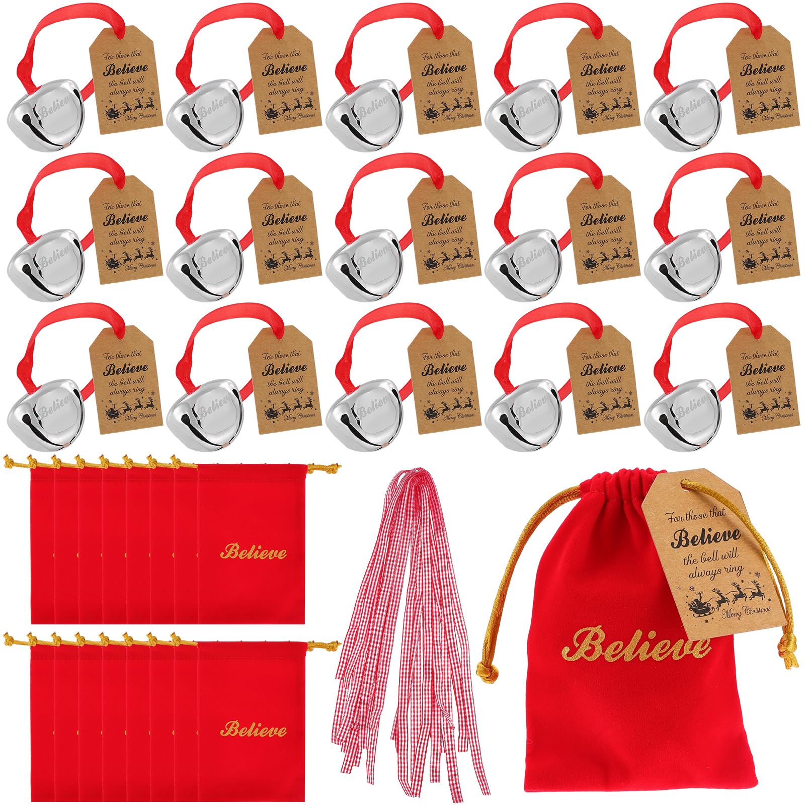 16 Sets Christmas Believe Bell Ornaments Xmas Bell with Red Velvet Bag Believe Tags Ribbons Xmas Tree Hanging Decor Jingle Bells The Polar Sleigh Bells Santa Gift Party Favors