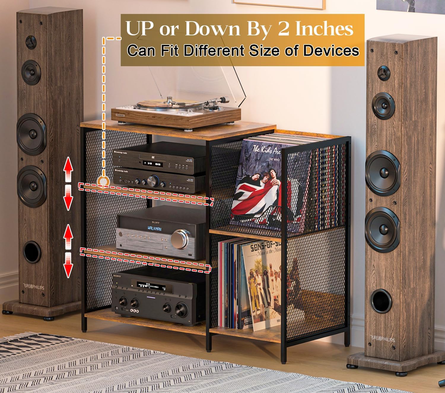 Large Record Player Stand Table with Vinyl Record Holder Up to 150PCS, AV Media Stand Stereo Cabinet Shelf Rack Tower with Storage, Sturdy, Adjustable Feet, Rustic, Large Capacity
