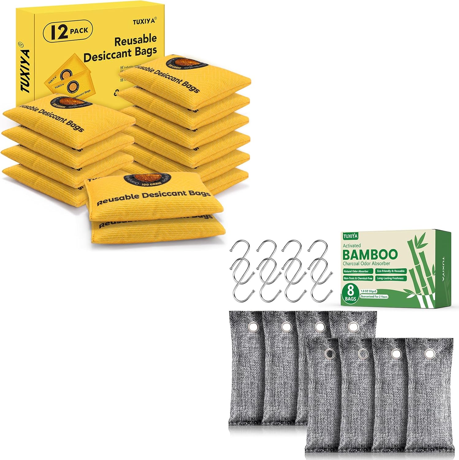 8Pack Activated Charcoal Odor Absorber/ 12Pack(100g Each) Rechargeable Silica Gel Desiccant Packets