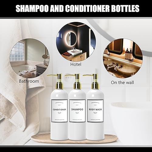 Miniatura 7 de Juego de 3 dispensadores de champú y acondicionador de 16.9 onzas, dispensador de jabón de ducha negro con bomba dorada, botellas de champú blancas