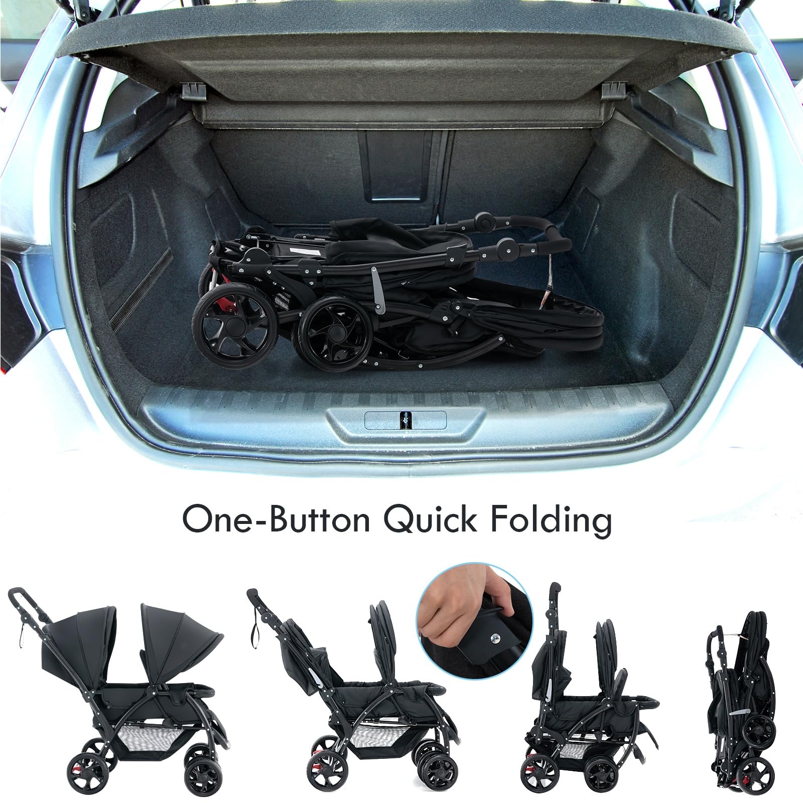 LIFEZEAL Poussette Double Pliable pour Jumeaux, Poussette 2 Places Réglable en 3 Positions, Poussette Canne avec Cosy, Roues Universelles avec Freins, Charge de 15+15 KG (Noir)