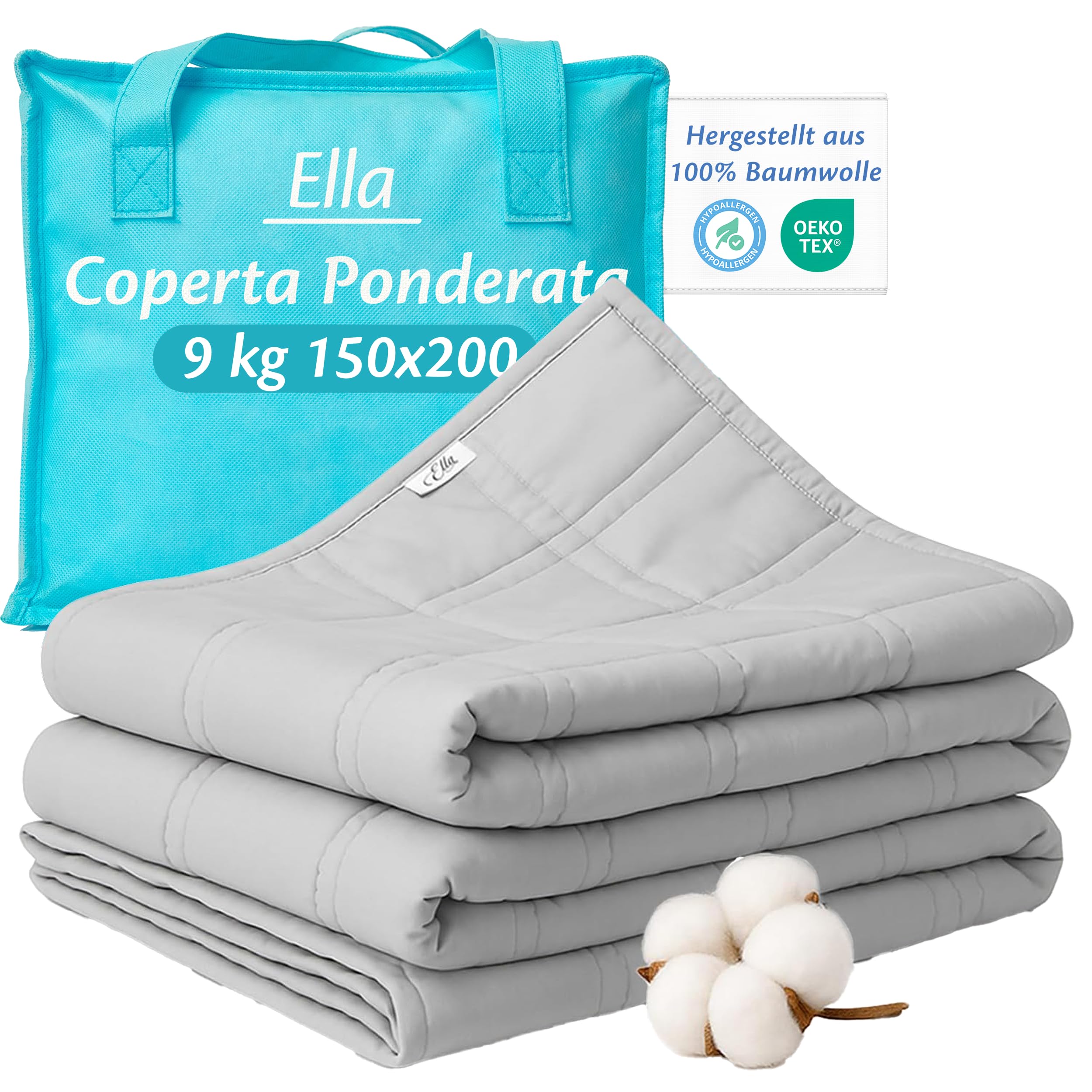 Ella Coperta ponderata per adulti 150x200 9kg - Coperta pesante rilassante per il sonno e antistress - 7 strati, perle di vetro ipoallergeniche, strato esterno in morbido cotone - Weighted Blanket