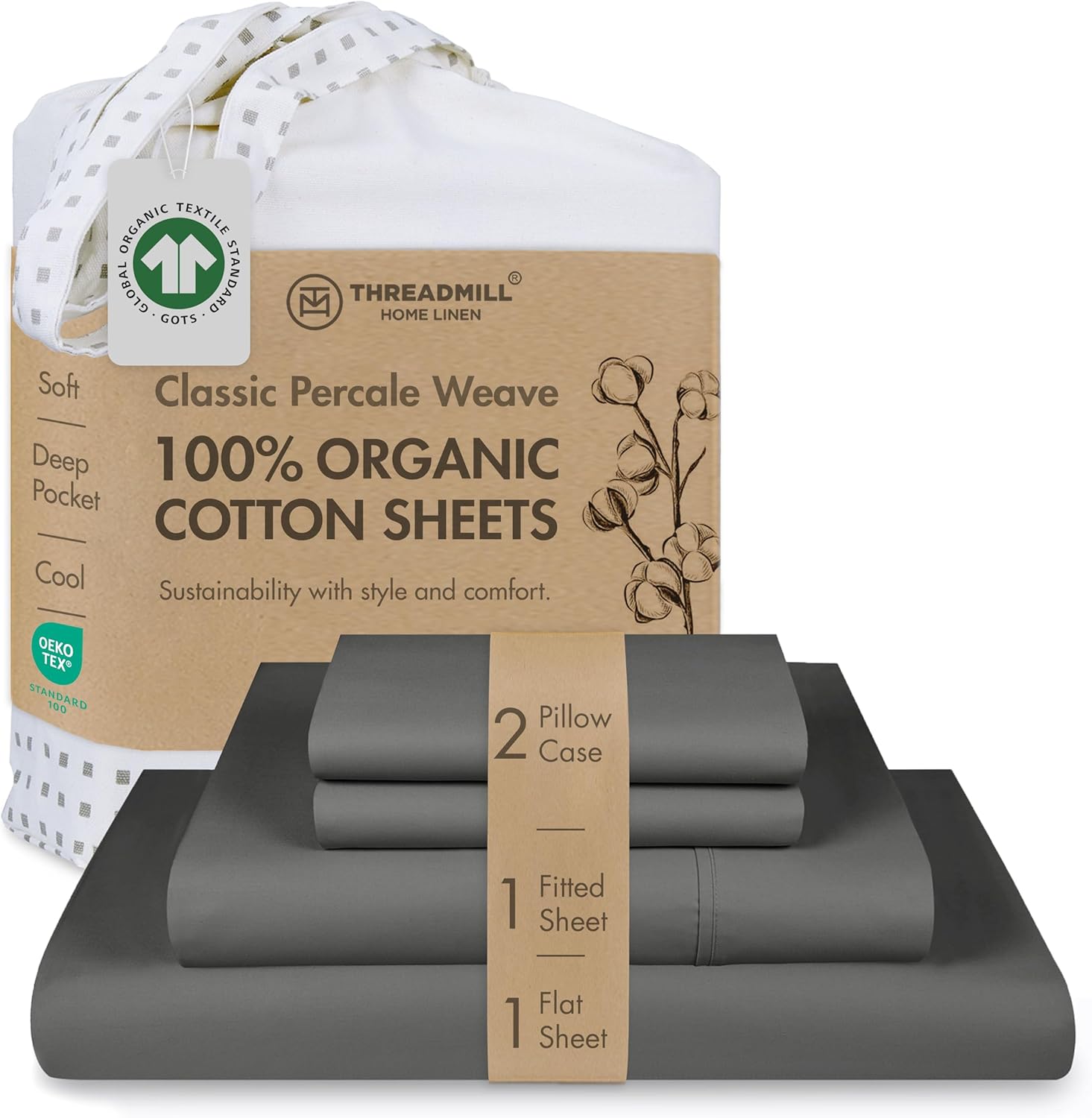 Threadmill 100% Organic Cotton Queen Sheets - GOTS Certified 4 Piece Dark Grey Percale Sheets Set - Soft & Cooling Bedsheet Set with Reusable Bag, Snug Fit with 16" Deep Pocket - Light