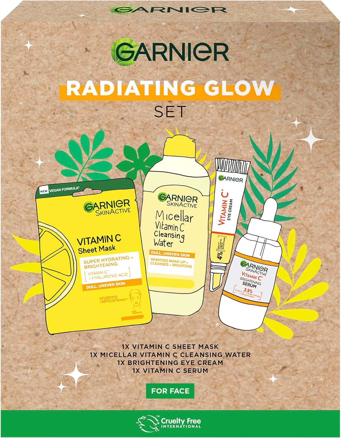 Garnier ‘s Radiating Glow Gift Set for Face, with Vitamin C Serum, Face Mask, Micellar Cleansing Water and Eye Cream, Approved by Cruelty Free International