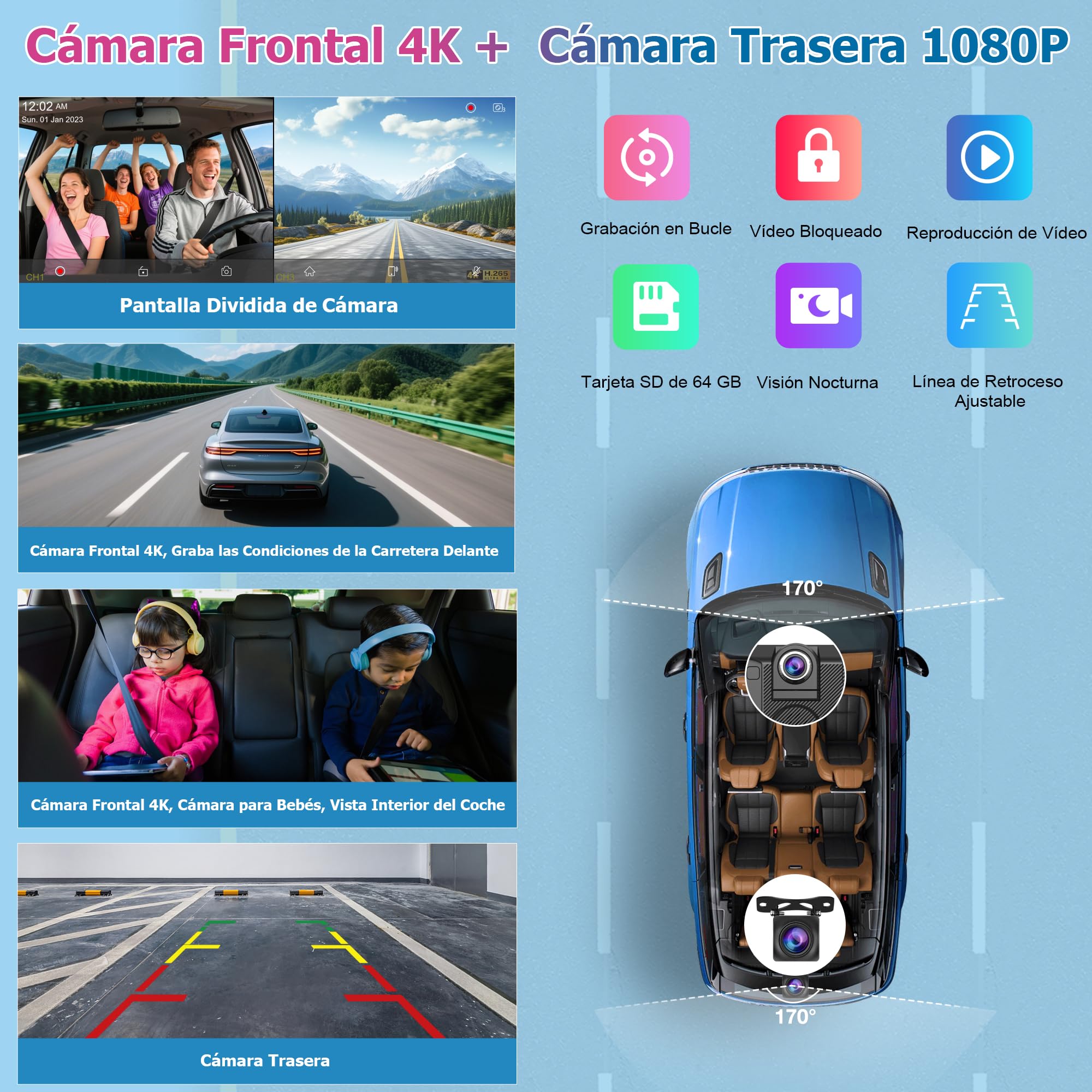 Carpuride Sistema Inalámbrico Portátil Carplay y Android Auto con Cám de Tablero - W125A Pantalla IPS HD de 11.26",Cám Frontal 4K + Cám Trasera 1080P,Grabación en Bucle,Audio Bluetooth,GPS,Siri,Música