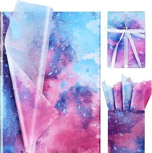 100 hojas de papel de seda degradado rosa y azul de 20 x 14 pulgadas, papel de seda turquesa pastel, papel de seda de galaxia de cielo estrellado