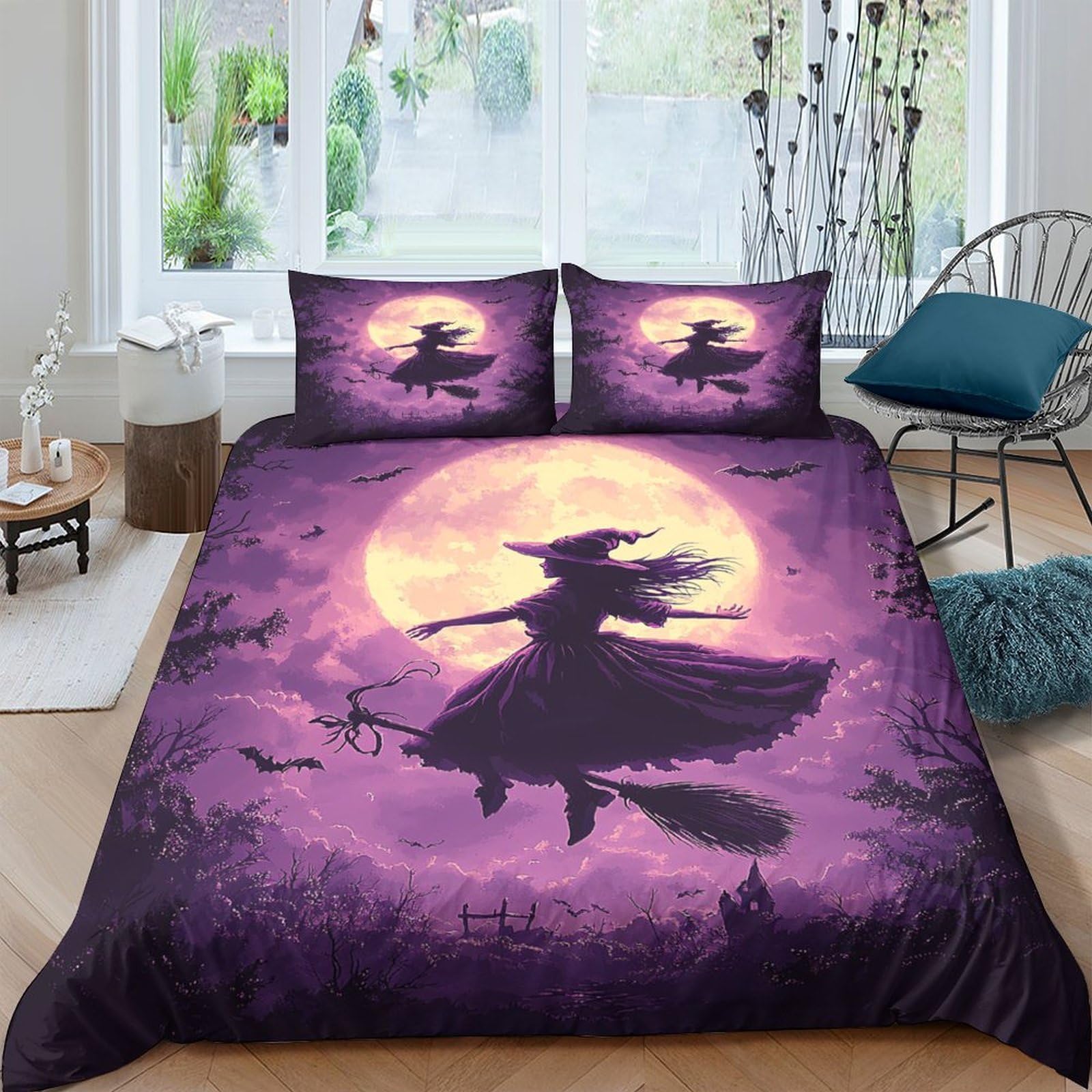 GPLZQXKJNH 3D Printed Witch Moon Duvet Cover Microfiber Soft Purple Halloween Bat Quilt Cover Set with 2 Pillowcases for Bedroom Single（135x200cm）