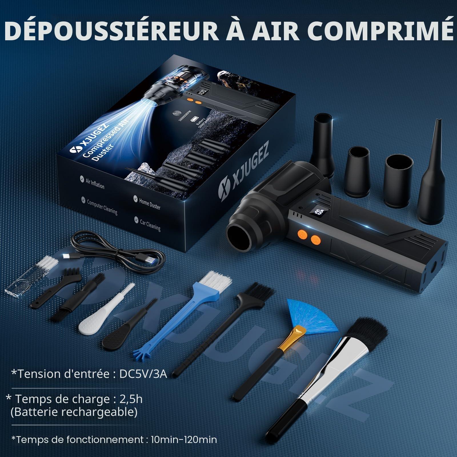 Souffleur Air Comprimé avec Lampe de Poche,180000 tr/min, Souffleur Électrique 4 -Vitesses avec Affichage avec Buses Multi-Usages pour Clavier, Extérieur,Car, Maison,Air Comprimé Nettoyage PC
