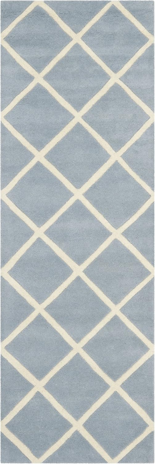 SAFAVIEH Chatham Collection Runner Rug - 2'3" x 7', Blue & Ivory, Handmade Diamond Trellis Wool, Ideal for High Traffic Areas in Living Room, Bedroom (CHT720B)