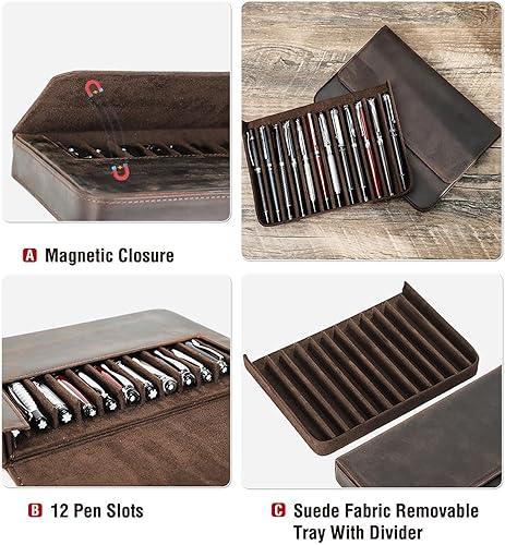 Vista 149 de Top Grain - Estuche organizador de cuero genuino para 12 bolígrafos y lápices, diseño minimalista sólido, hecho a mano, cierre magnético con cajón