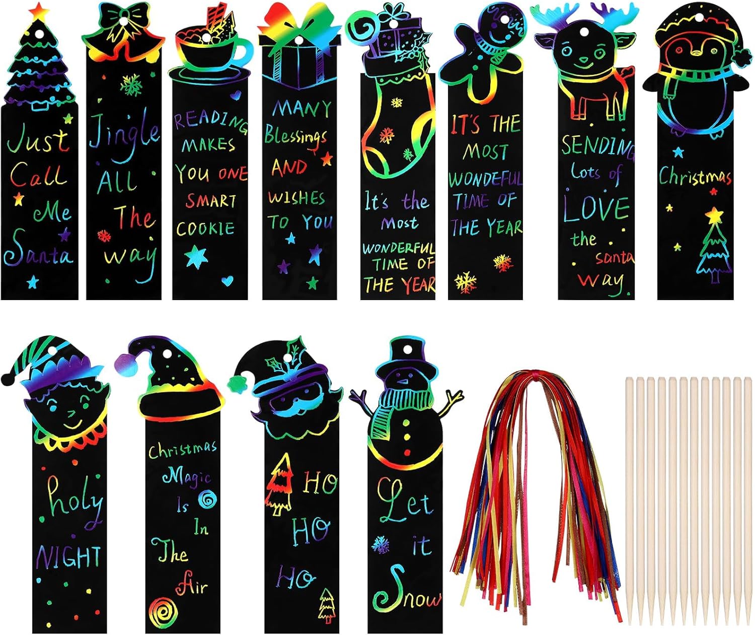 120 Pcs Christmas Rainbow Scratch Paper Snowman Xmas Tree Santa Scratch Off Paper Bookmarks Hanging Ornament Decorations Craft Art Kits with Wooden Stick Ribbon for Home Christmas Winter Party Favors