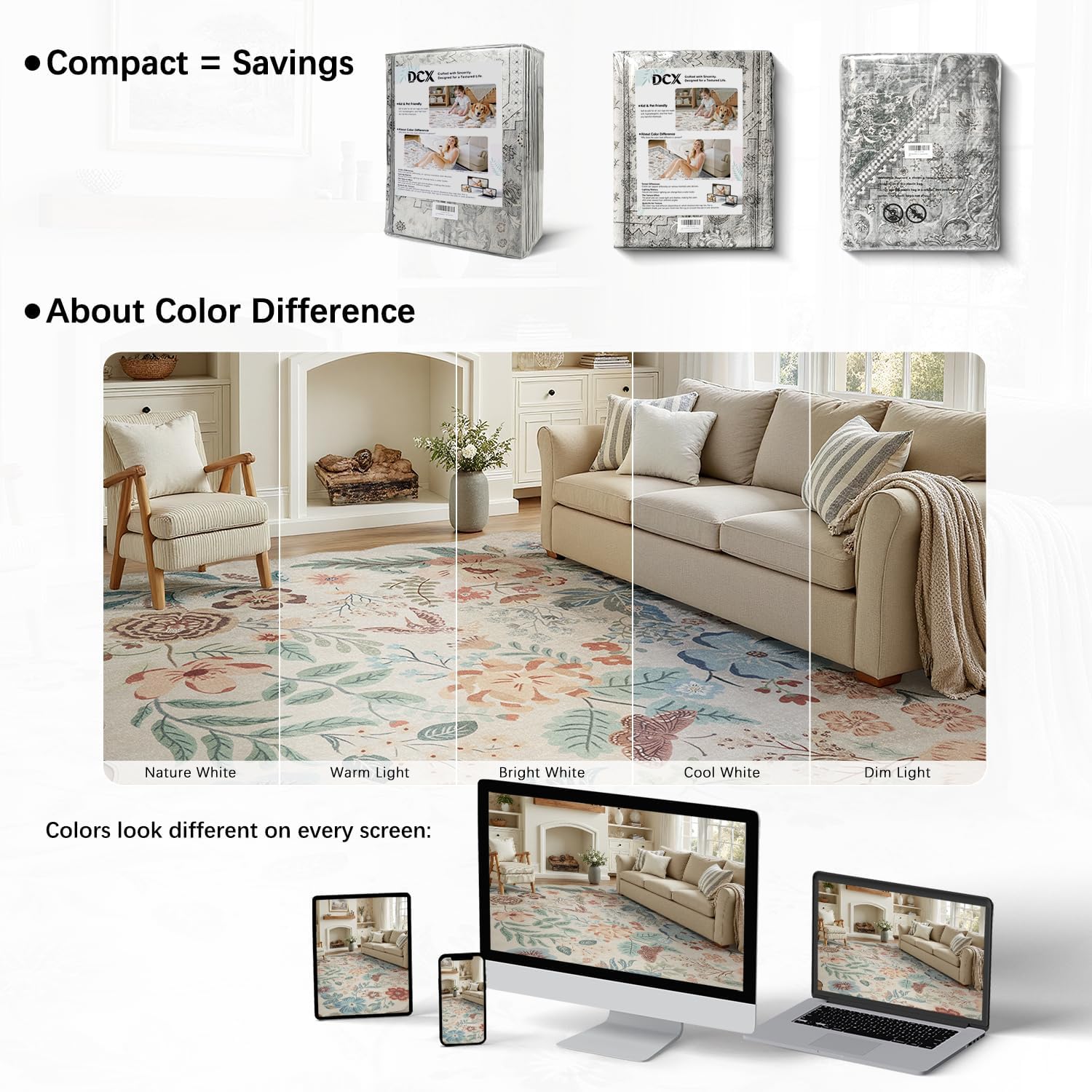 DCX Beige Floral Rug 3x5, Washable Beige Rug for Living Room, Kid & Pet Friendly with Rubber Back Non Slip, Soft Low Pile Carpet, Stain Resistant Rug for Bedroom, Nursery, Dining Room