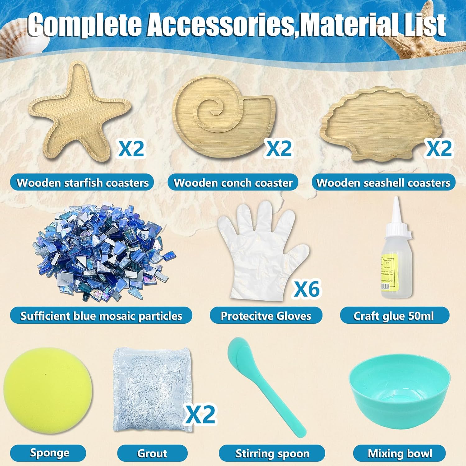6 Sets DIY Ocean Mosaic Tiles for Crafts Mixed Color Glass Mosaic Kits Wooden Coaster for Drinks Tray Handmade Home Decoration and Gift Idea