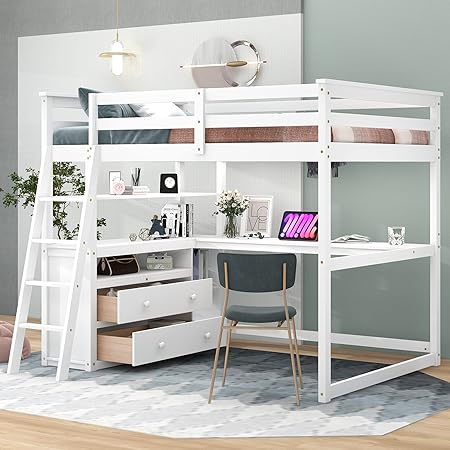 VilroCaz Modern Loft Bed Full Size with Desk/Shelves/Drawers, Solid Wood Loft Bed Frame with Safety Guardrail and Ladder for Kids Teens Adults, Maximized Space, Strong Wood Slats Support (White-1)
