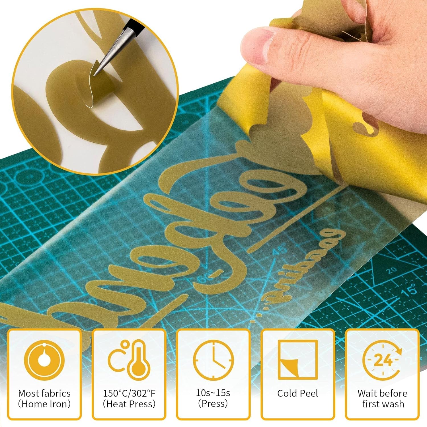VinylRus Heat Transfer Vinyl-12” x 50ft Gold Iron on Vinyl Roll for Shirts, HTV Vinyl for Silhouette Cameo, Easy to Cut & Weed