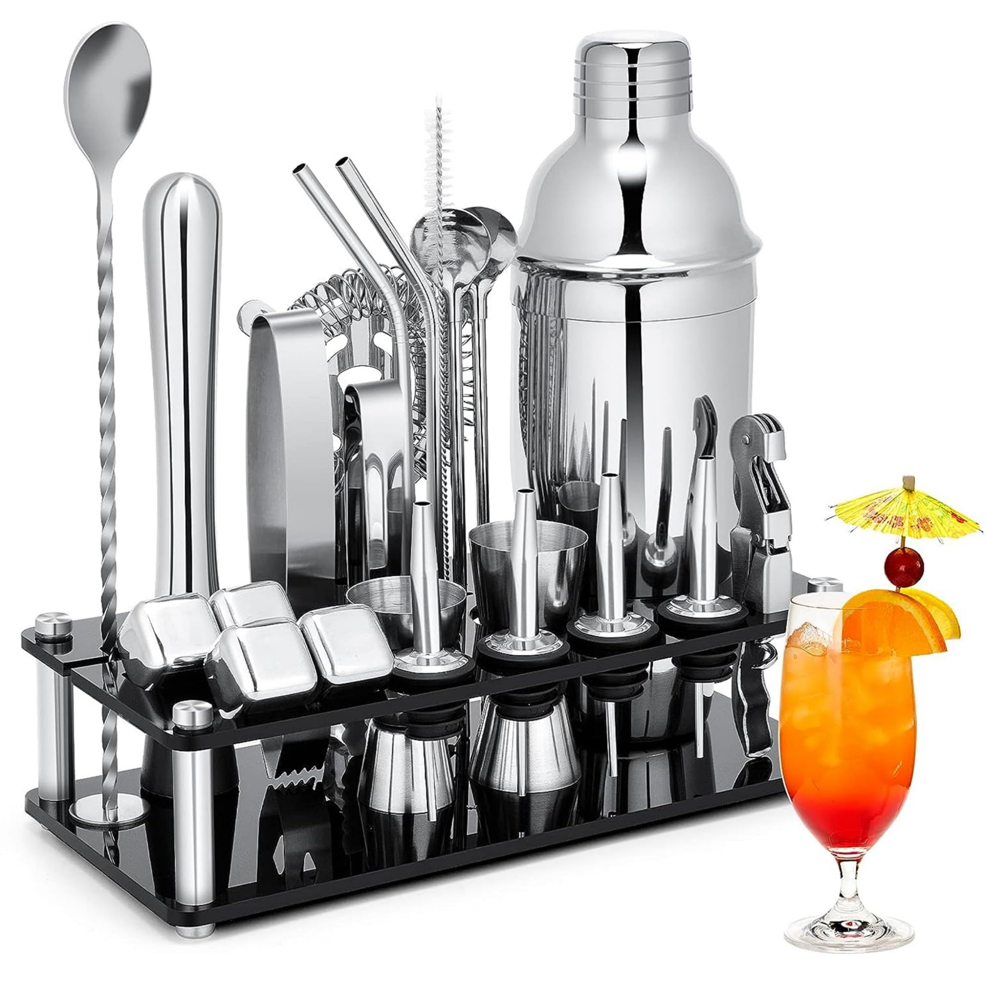 Ensemble Shaker à Cocktail, 23 pièces en Acier Inoxydable avec Support en Acrylique et livret de Recettes de Cocktails, Outils de Bar Professionnels pour mélanger Les Boissons, Maison, Bar, fête