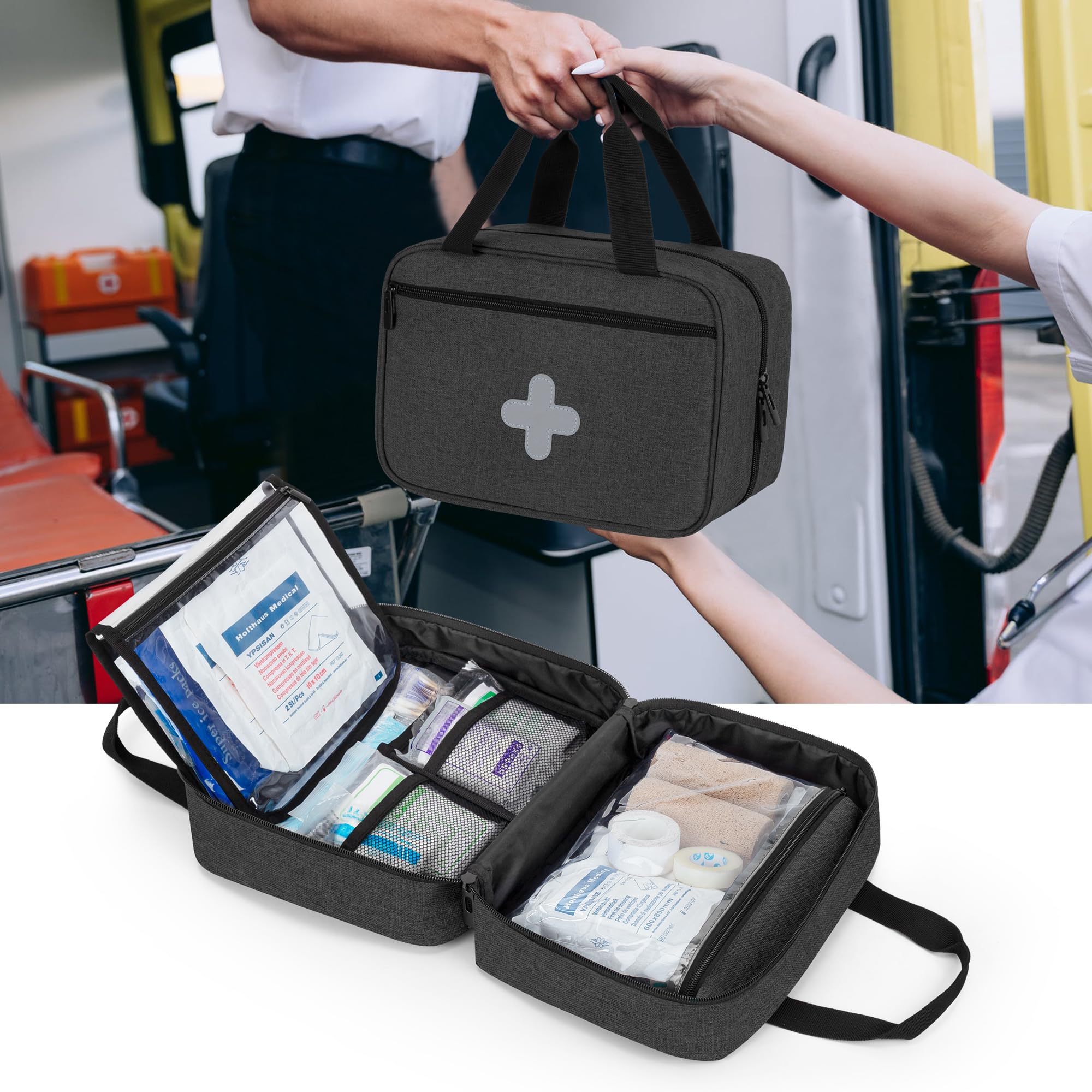CURMIO Piccola Kit di Pronto Soccorso, Cassetta Pronto Soccorso di traumatologia di emergenza per escursioni, campeggio, auto, viaggi, casa e all'aperto, SOLO BORSA, Nero