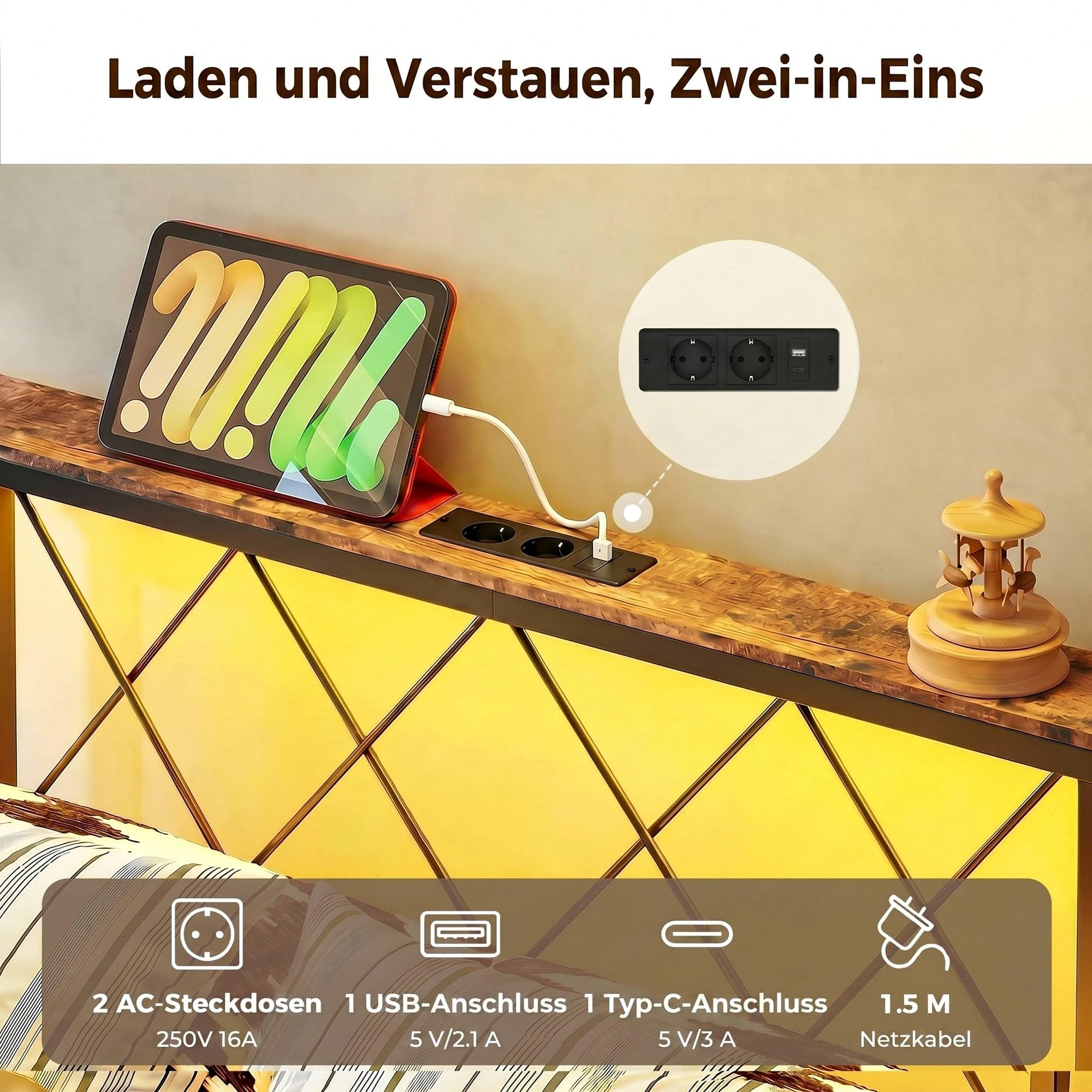 IRONCK Bett 90x200 mit LED Beleuchtung, Bettgestell 90x200 mit Steckdose, 1 USB, 1 USB-C-Anschlüsse, Metallbett mit Kopfteil und Stauraum, Jugendbett, Einzelbett mit Metal Lattenrost