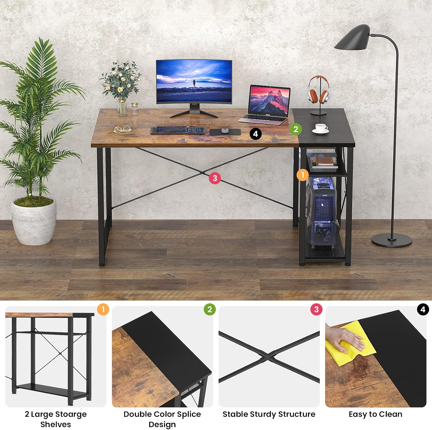 Ecoprsio Computer Desk, 47 Inch Small Desk for Small Space, Modern Study Writing Desk with Storage Shelves, Reversible PC Table for Home Office, Gaming Room, Bedroom, Workstation, Rustic and Black