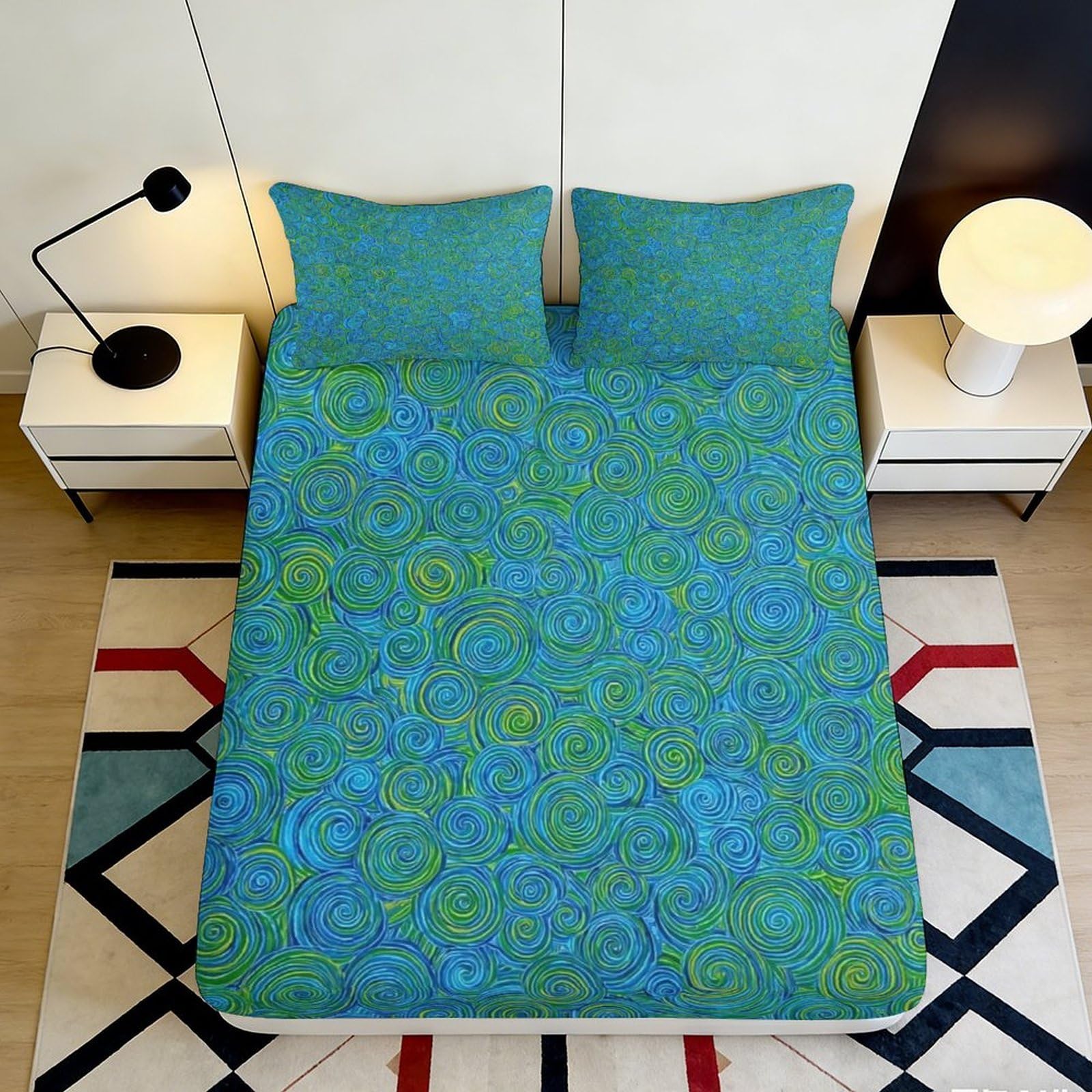 Pnayamiorkfel Style-1 3D Printed Blue Green Spiral Fitted Sheet Microfiber Non-Slip Swirl Bed Cover For Bedroom Guest Room Easy Care 90X200x25cm