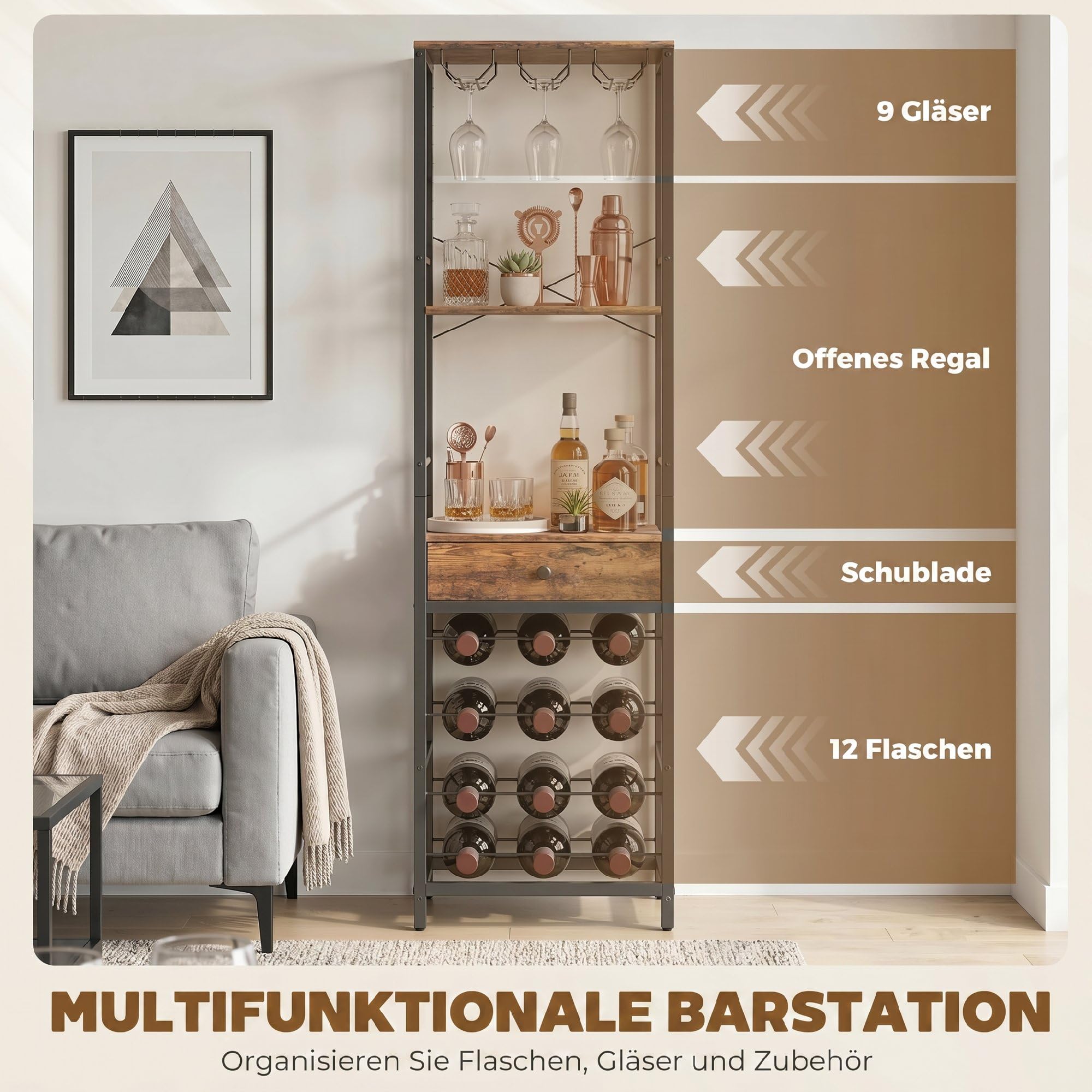 HOMCOM Weinregal Glashalter Schublade Rustikal Braun 40 x 30 x 148 cm | Flaschenregal für 12 Weinflaschen, Standregal, Weinhalter für Küche