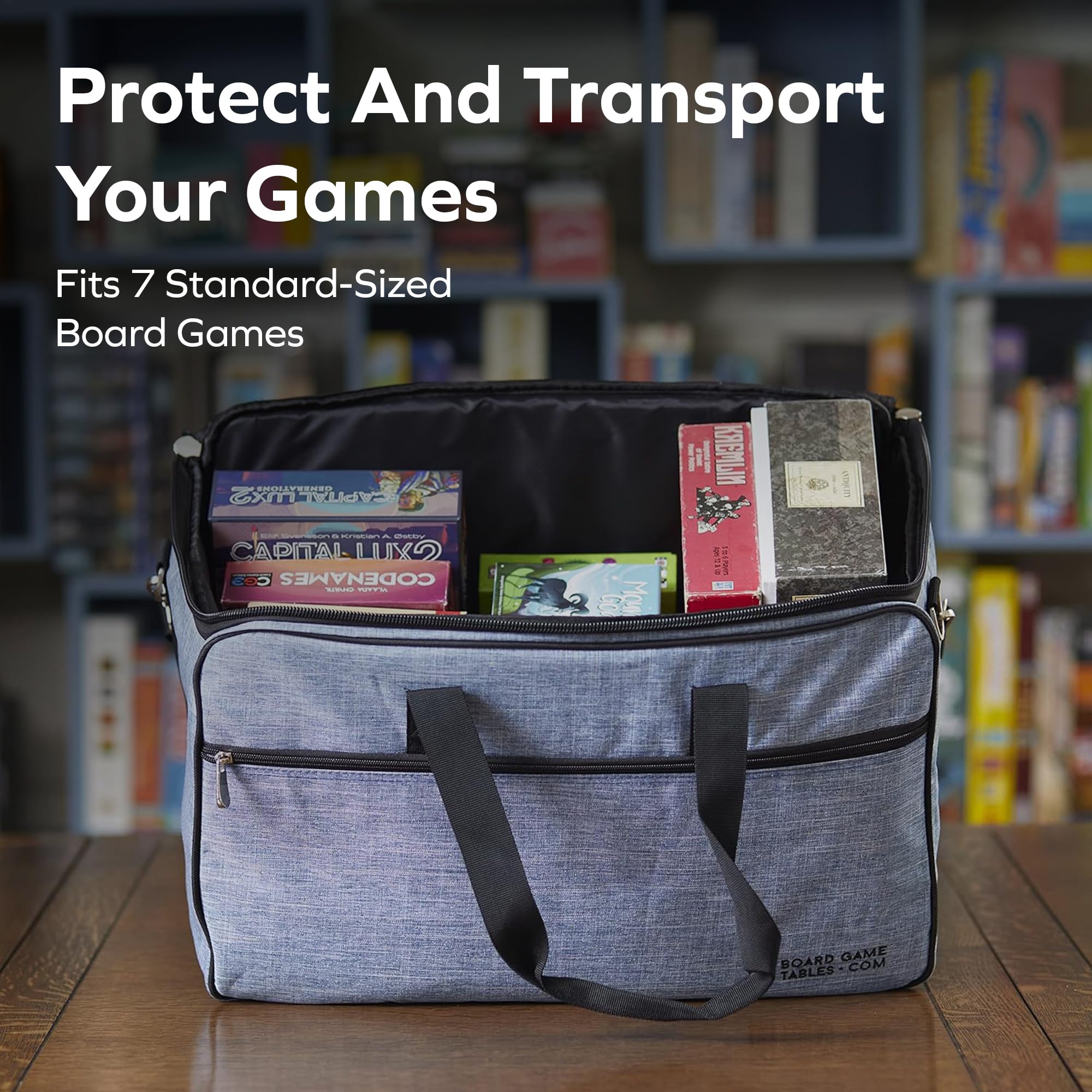 Board Game Bag – [Backpack/Shoulder Strap/Luggage Slip] – Padded Board Game Carrier (Heathered Blue)