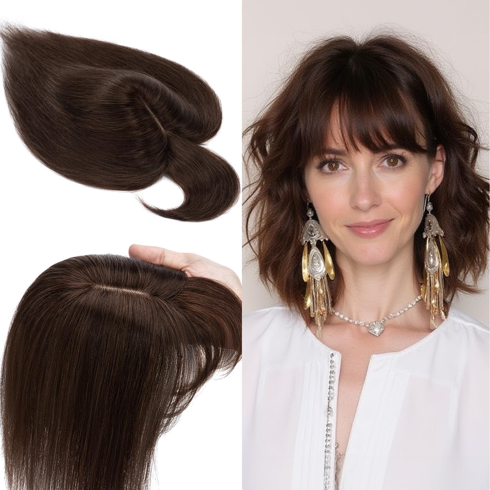 SEGO 100% Real Human Hair Toppers, Silk Base 150% Density, with Air Bangs, Clip in Topper, 2.7”x5.1”, HairPieces for Women, with Thinning/Hair Loss Cover Gray