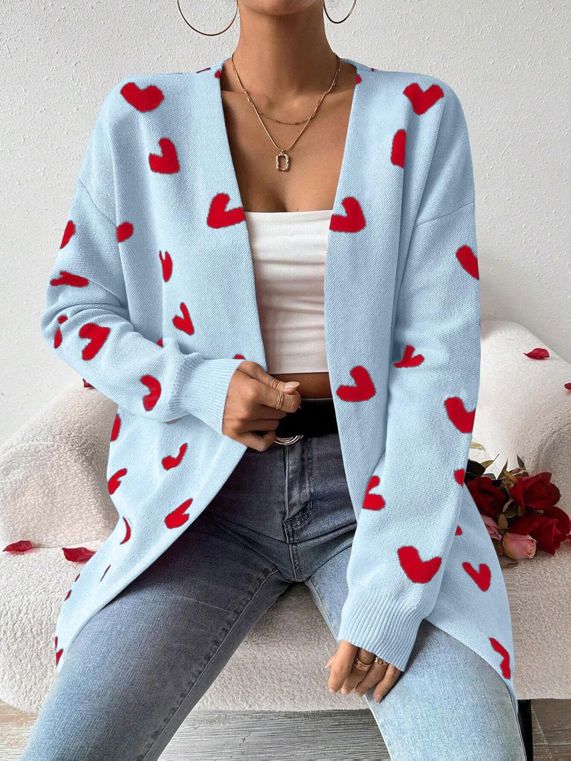 Womens Cute Heart Cardigans Oversized Long Sleeve Open Front Knit Sweaters - Image 5