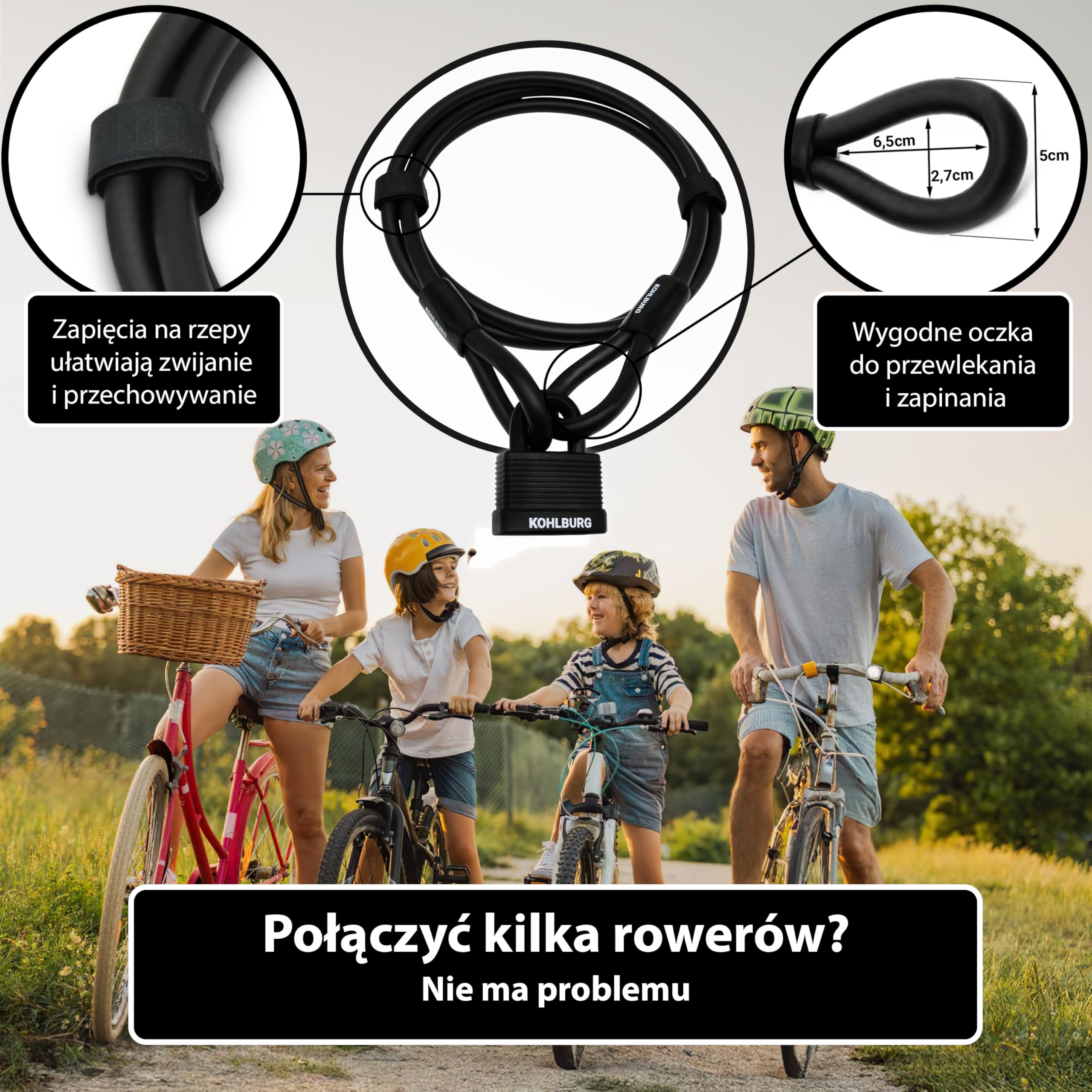 KOHLBURG Bezpieczny zamek kablowy 200 cm, 3 kluczami, Kłódka, stalowa linka | Wytrzymała, ze szlufkami, Zamek linkowy do roweru, przyczepki, wózka i mebli ogrodowych, długa blokada rowerowa