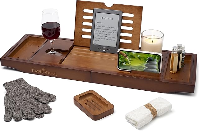 Temple Spring Bath Caddy - Extendable Bath Tray for Bathtub with Candle, Wine Glass, Book, iPad & Phone holders - Adjustable Bath Table shelf over tub with bathroom accessories - (Wood Brown)