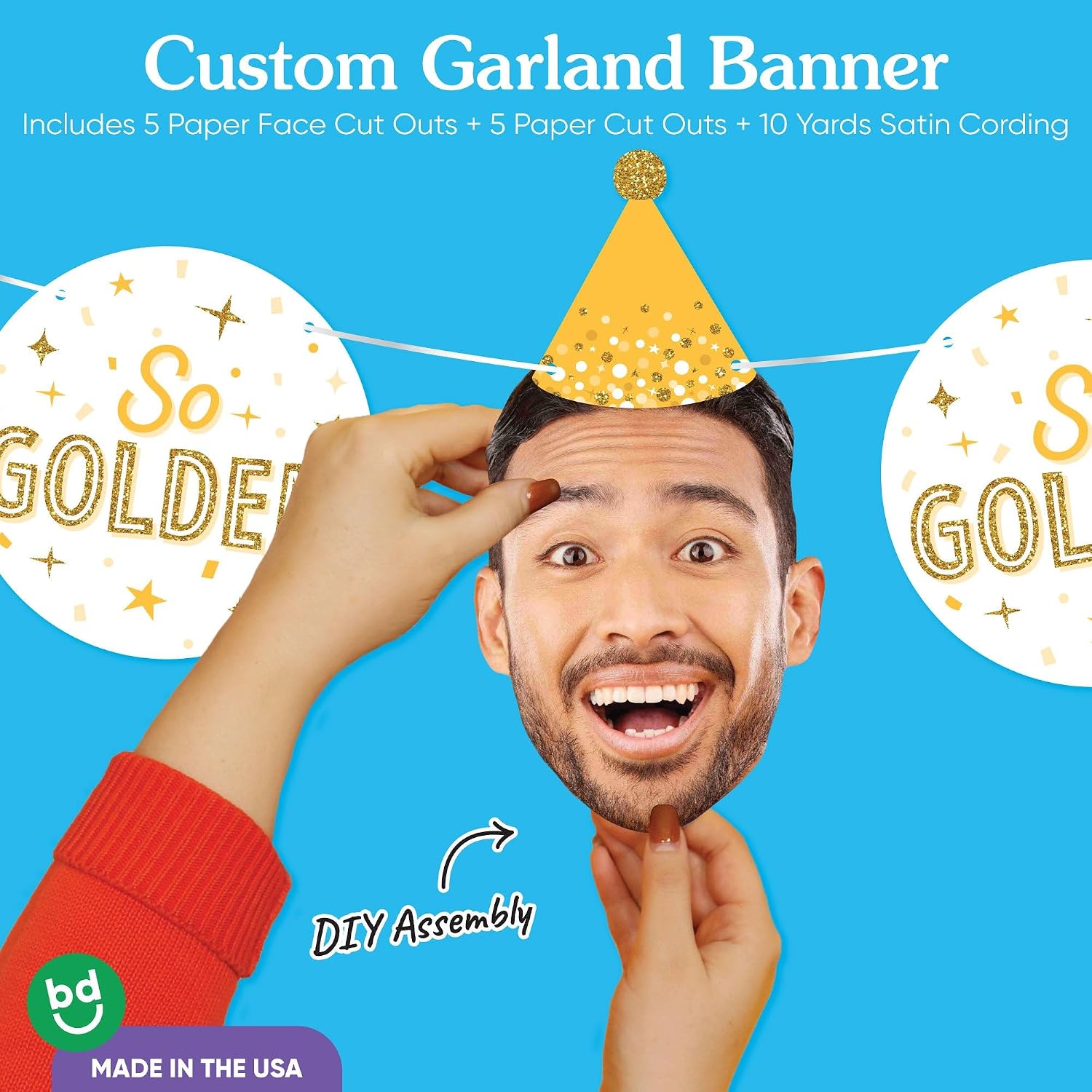 Big Dot of Happiness Custom Golden Birthday Face Cut Out Garland Banner, Personalized Yellow Birthday Party Decor, 30 Feet of Cord, 5 Photo Face Cutouts, 5 So Golden Circles