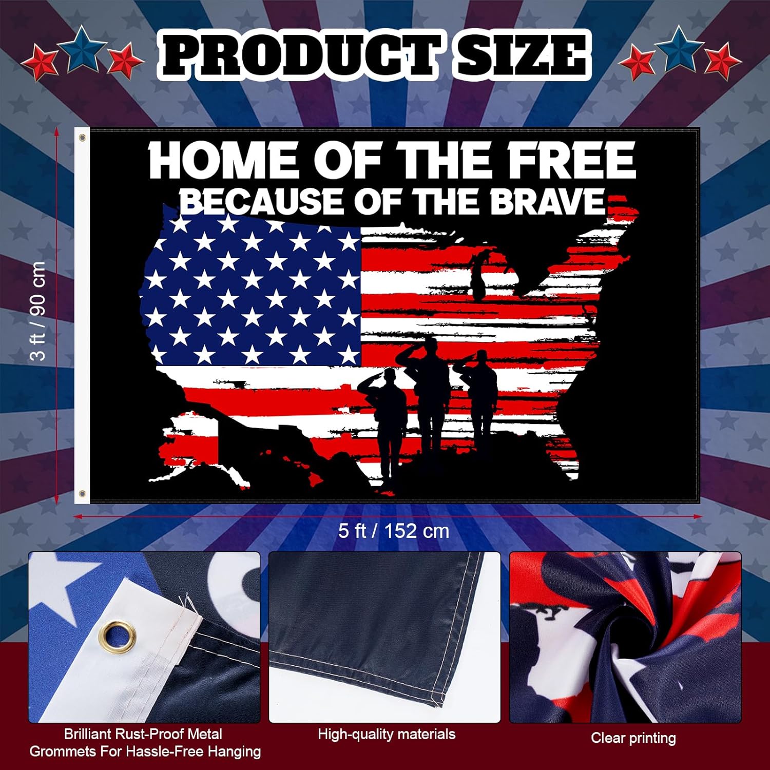 Independence Day Flag 3x5 ft Fade Proof Outdoor/inside Banner, July 4 American Patriotic Flag, Home of The Memorial Military Banner Patriotic Soldier Outside Party Supplies Decor - Image 2