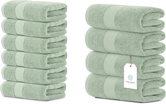 White Classic 6 Luxury Light Green Hand Towels 16 x 30 and 4 Luxury Bath Towels 27 x 54 | Cotton, Highly Absorbent and Quick Dry for Hotels, Spa and Bathroom