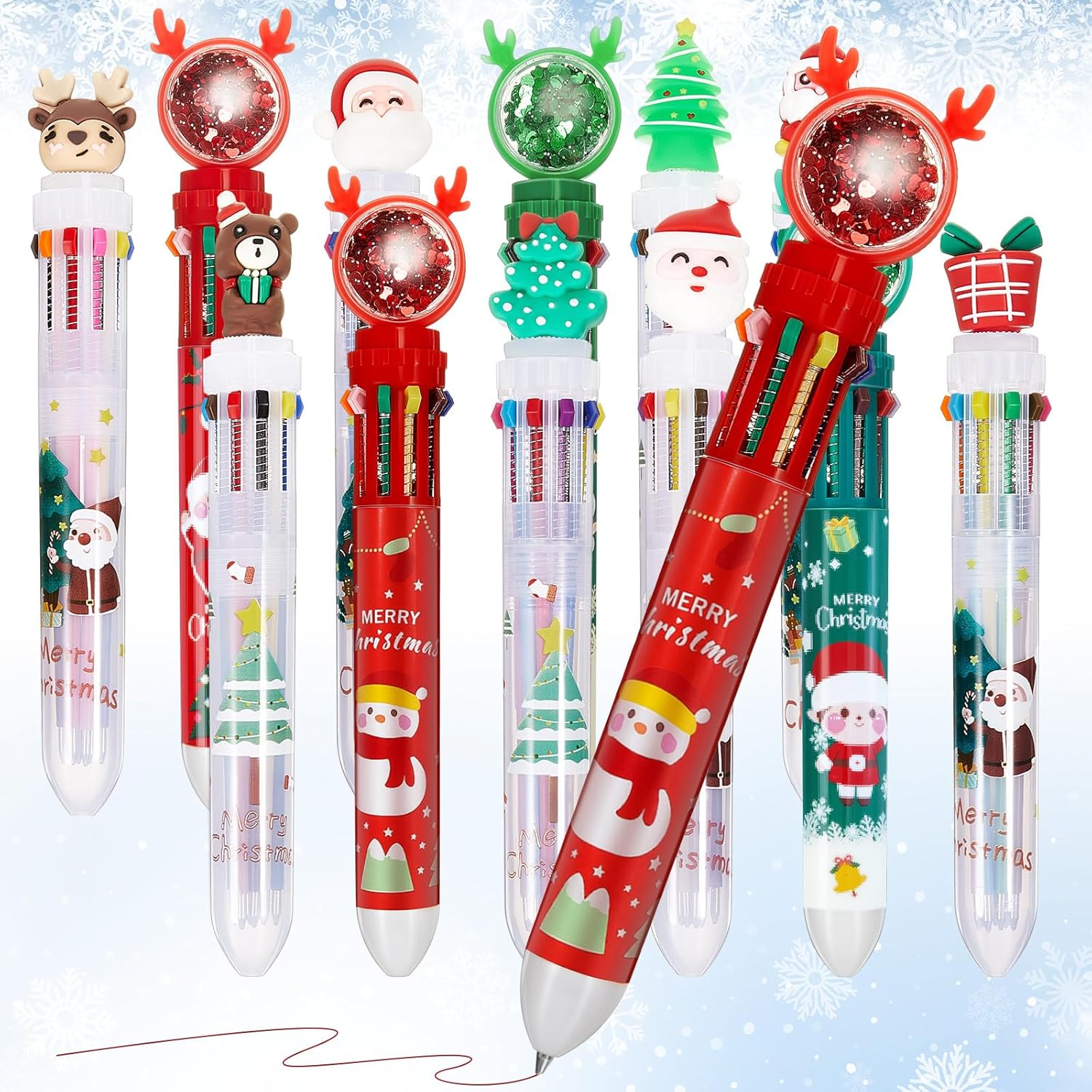 Kosiz 100 Pcs Christmas Multicolor Ballpoint Pens, 10 in 1 Santa Claus Reindeer Xmas Tree Retractable Pens 0.7 mm for Office Christmas Prize Gift Goodie Bag Stuffers Xmas Party Favor
