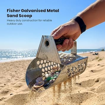Fisher Galvanized Metal Sand Scoop with Filtering Holes, Heavy Duty Design, Rubberized Grip, and No-Slip Ergonomic Handle for Efficient Sifting and Sand Digging