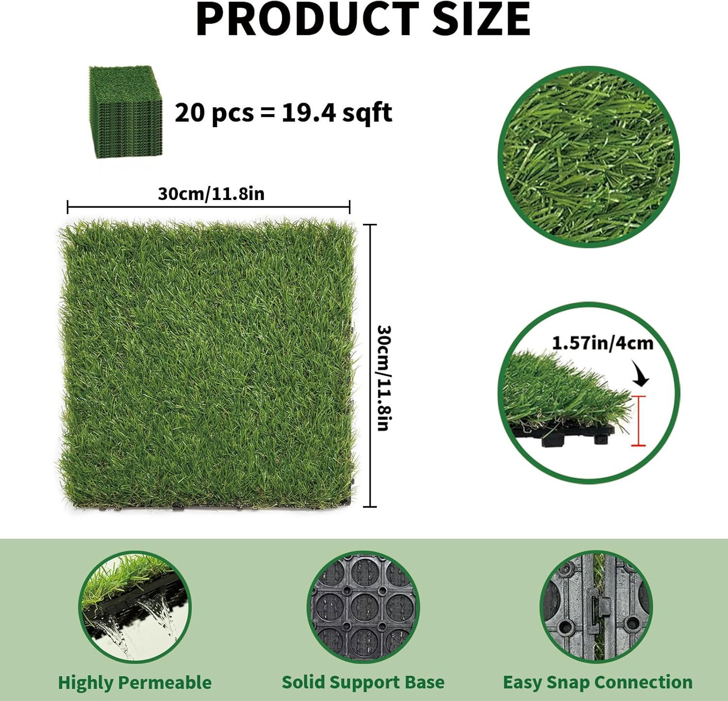 LIVING GREEN 20 PCS Artificial Grass Tiles Outdoor Interlocking Turf Grass Deck Tiles with Drainage, Easy to Install Fake Grass Squares for Patio, Balcony, Garden, Lawn & Backyard Flooring