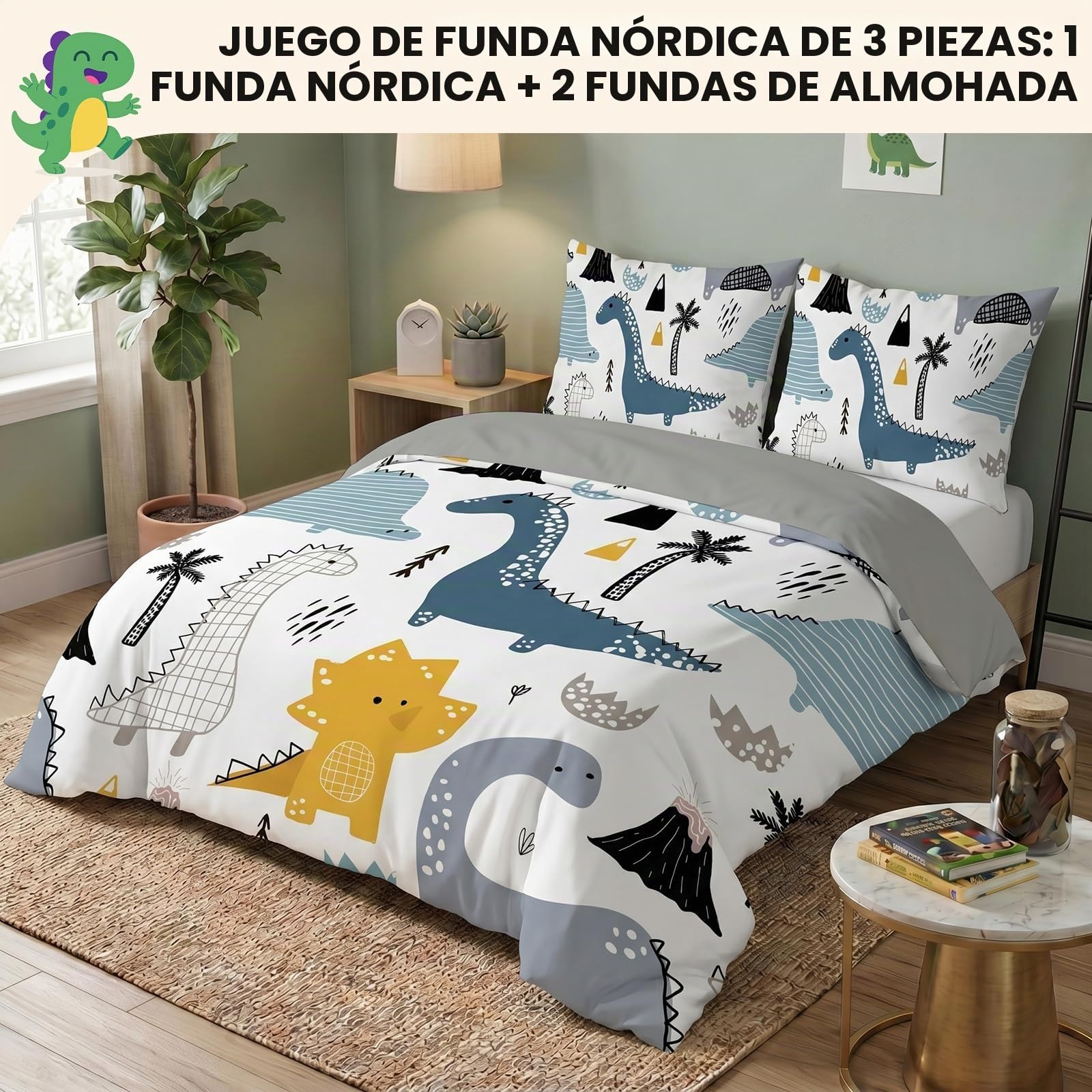 Fundas Nordicas Cama 105 Infantil NiñO Dinosaurio Blanco Juego de Ropa de Cama 200x200 cm Microfibra para NiñOs Adultos - 1 Funda de Edredón y 2 Funda de Almohada 50x75 cm