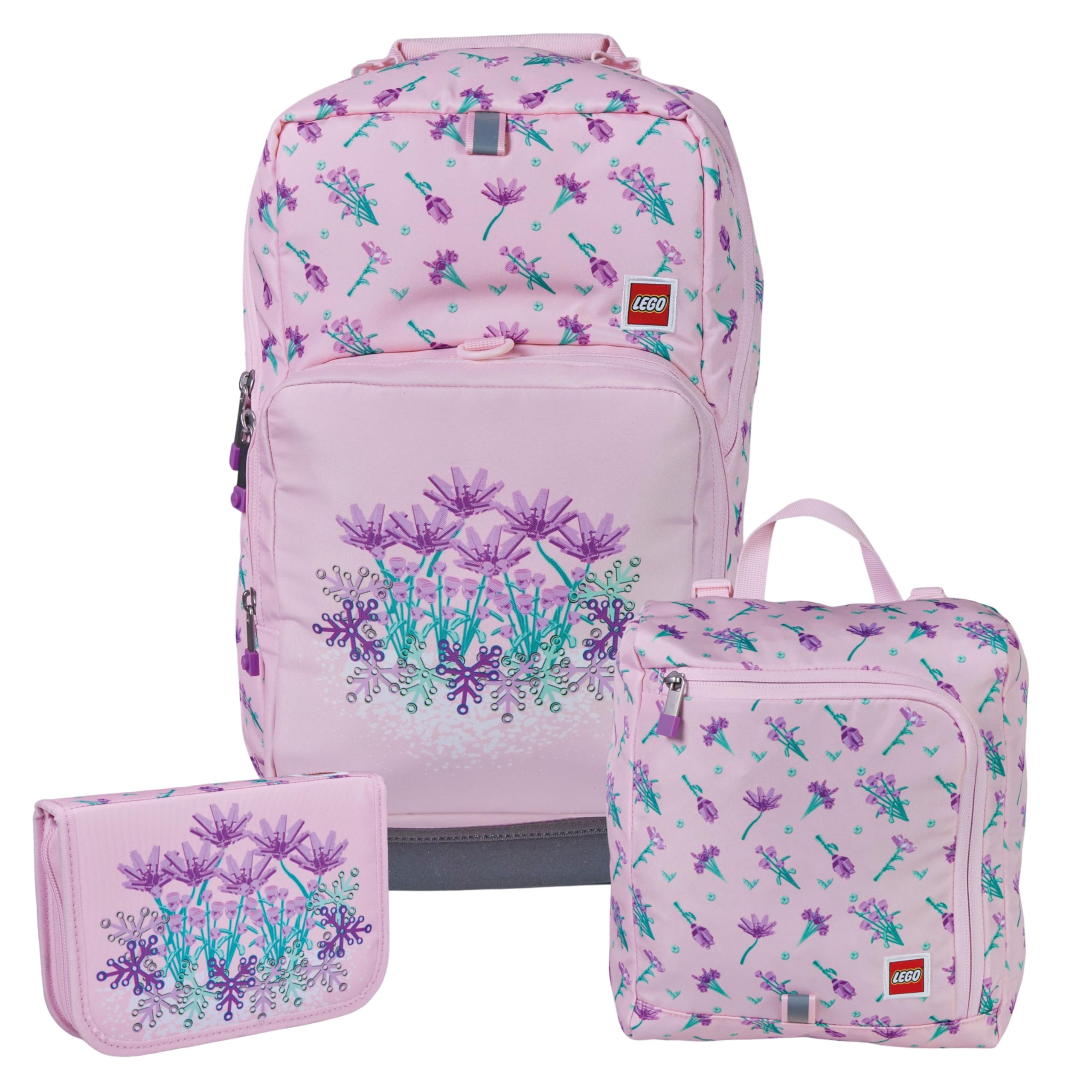 SKANDO BAGS Optimo Starter Schulranzen 3-teilig Set LEGO®, Flowers: 3-teiliges Schulranzen-Set mit ergonomischem Design. Inklusive Tasche, Brotbox und Federmäppchen.