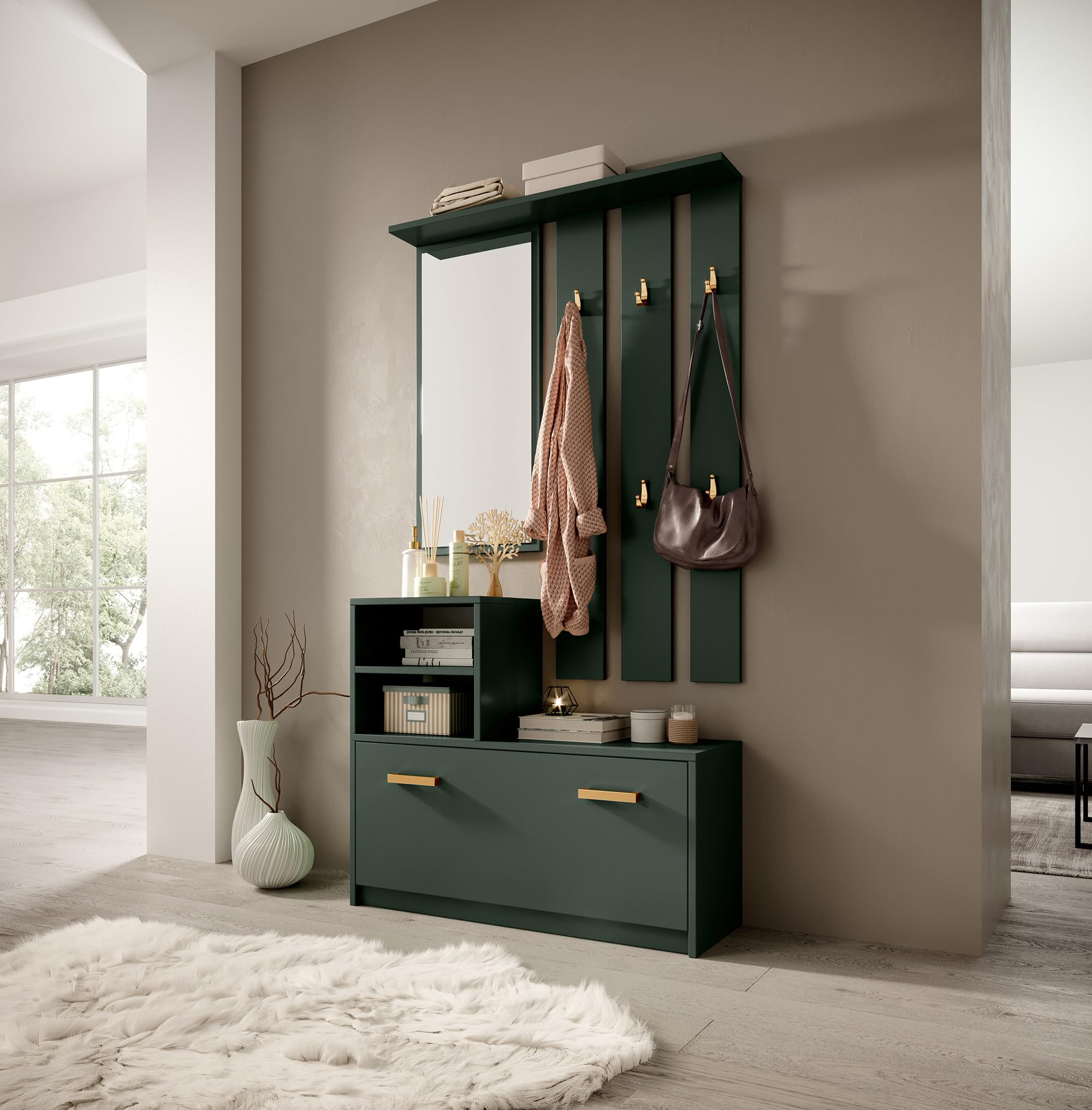 Selsey Flurgarderoben Set Garderobe Flur Wandgarderobe Garderobenpaneel Schuhregal Spiegel Regal Garderobenset Flaschengrün Mit Goldenen Griffen Yesfir