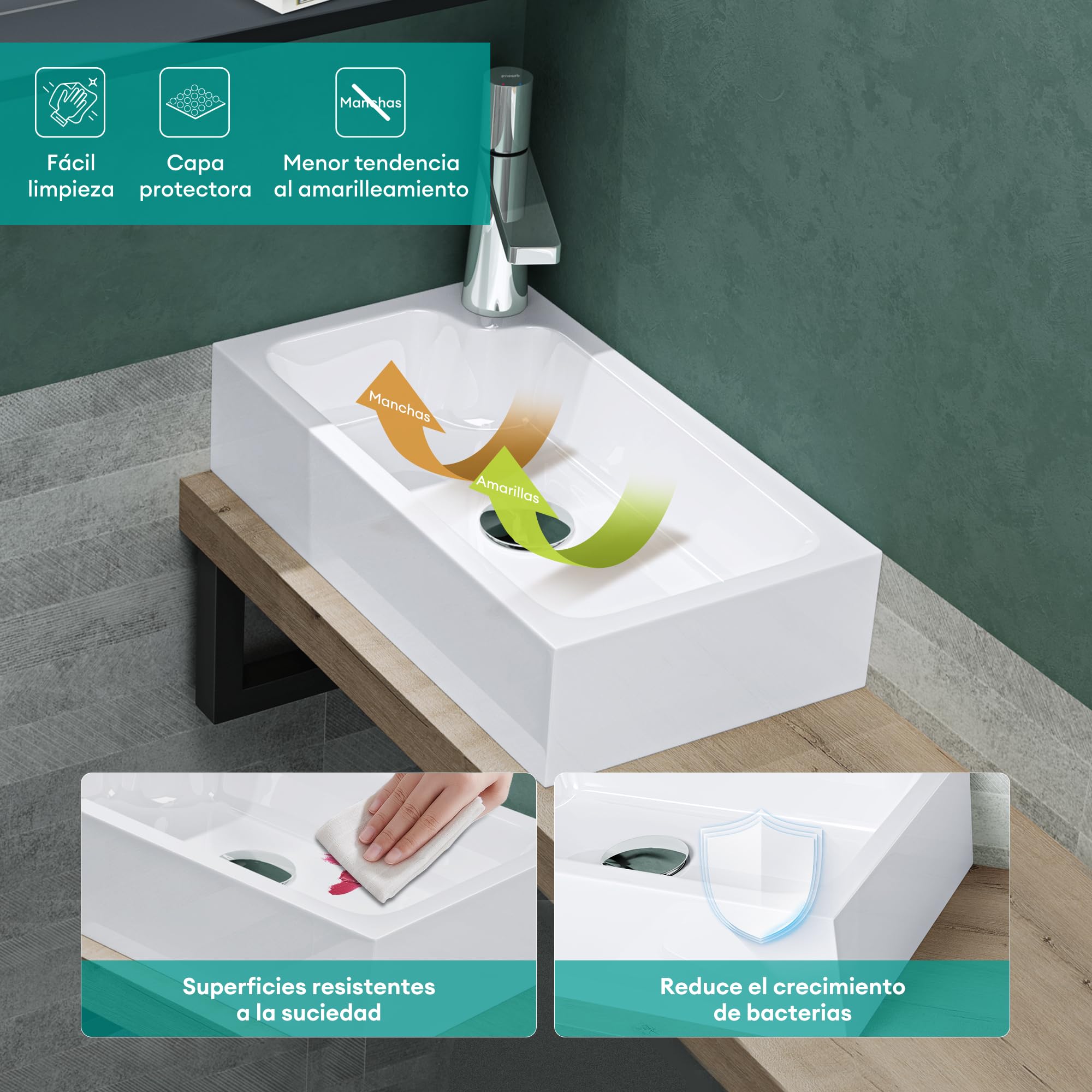 Mai & Mai Lavabo sobre Encimera 46x26x11 cm – Rectangular, Blanco Brillante, Mármol Fundido, Orificio Izquierdo para Grifo, sin Rebosadero, Colossum101